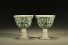 Qing Dynasty fighting colorful flowers high foot cup pair