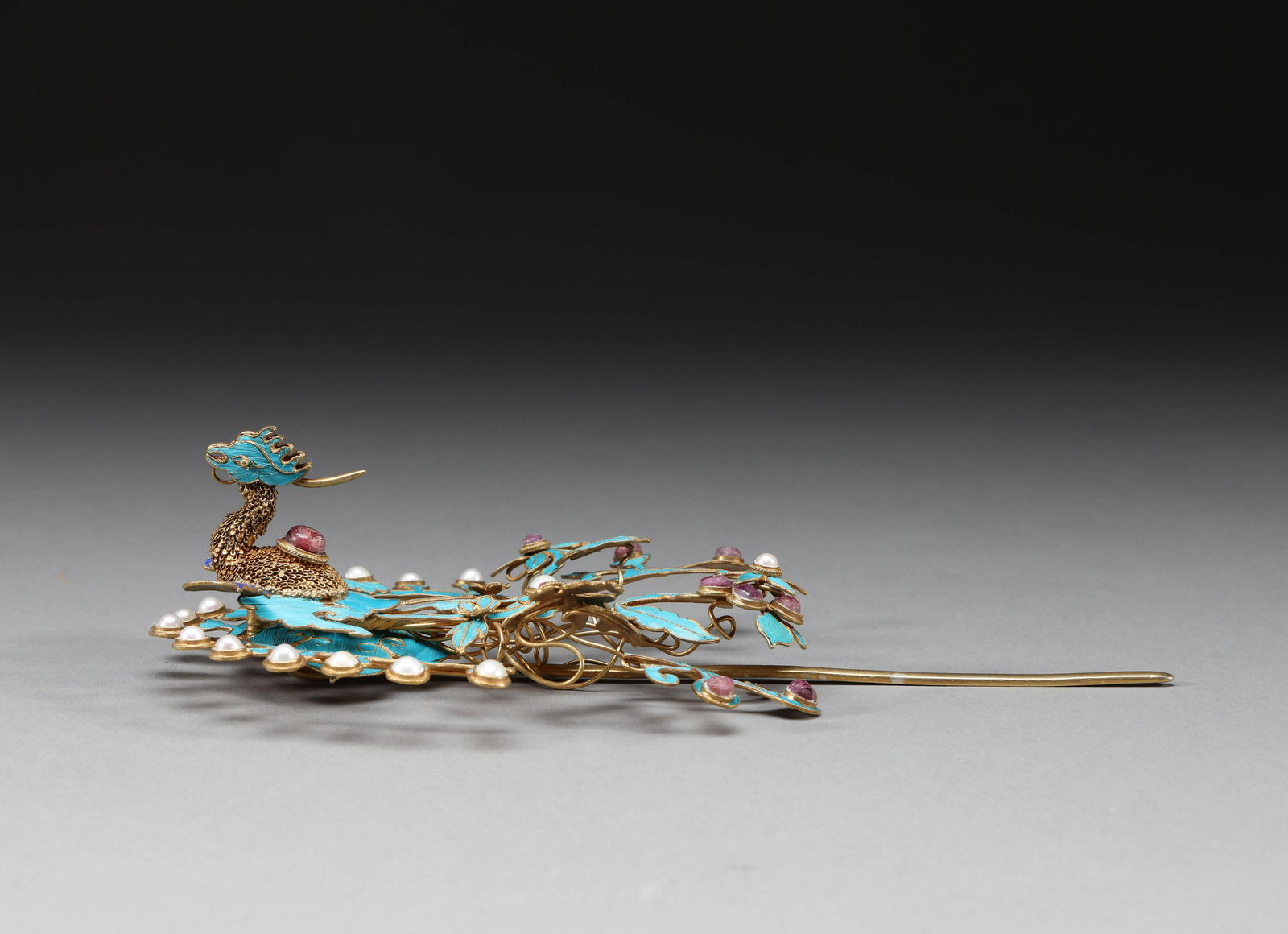 Qing Dynasty Silver Gilded Roasted Blue Phoenix Hairpin (1 of 5)