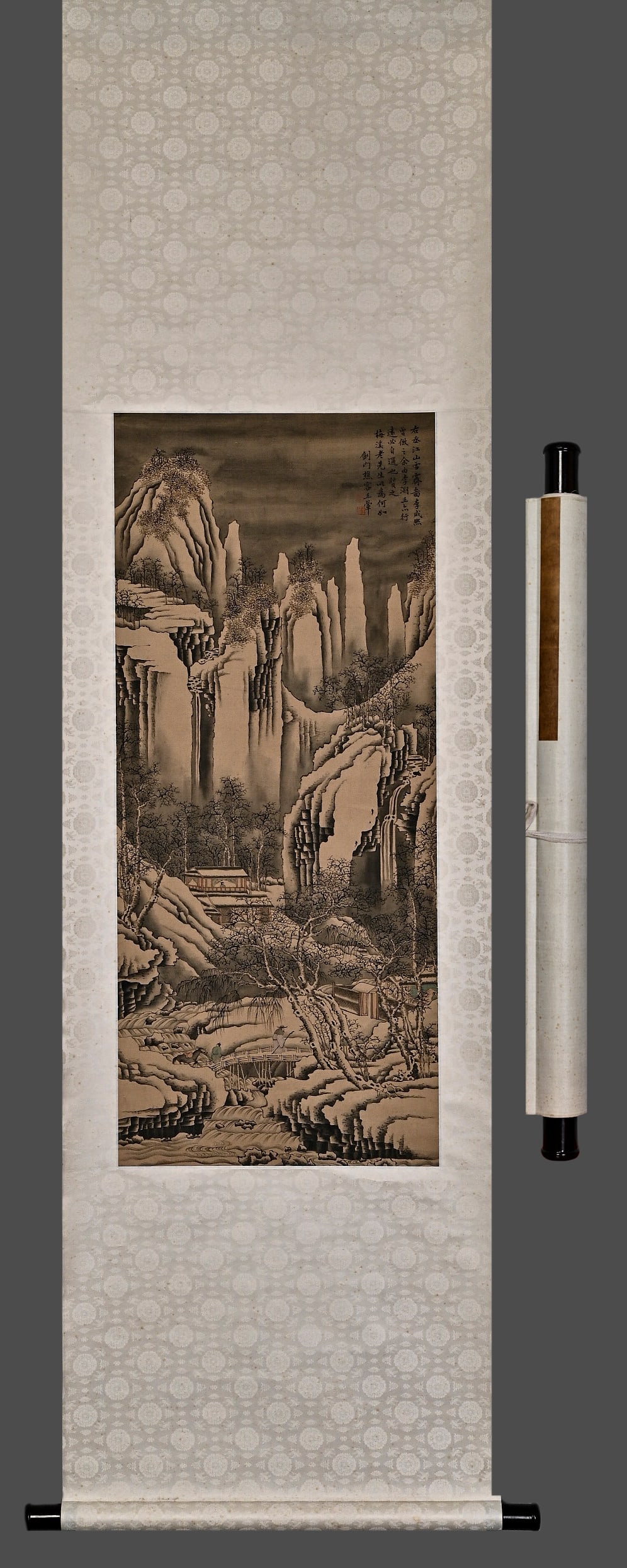Qing Dynasty Wang Hui landscape painting on silk scroll vertical axis: Height: 97cm, Width: 41cm,