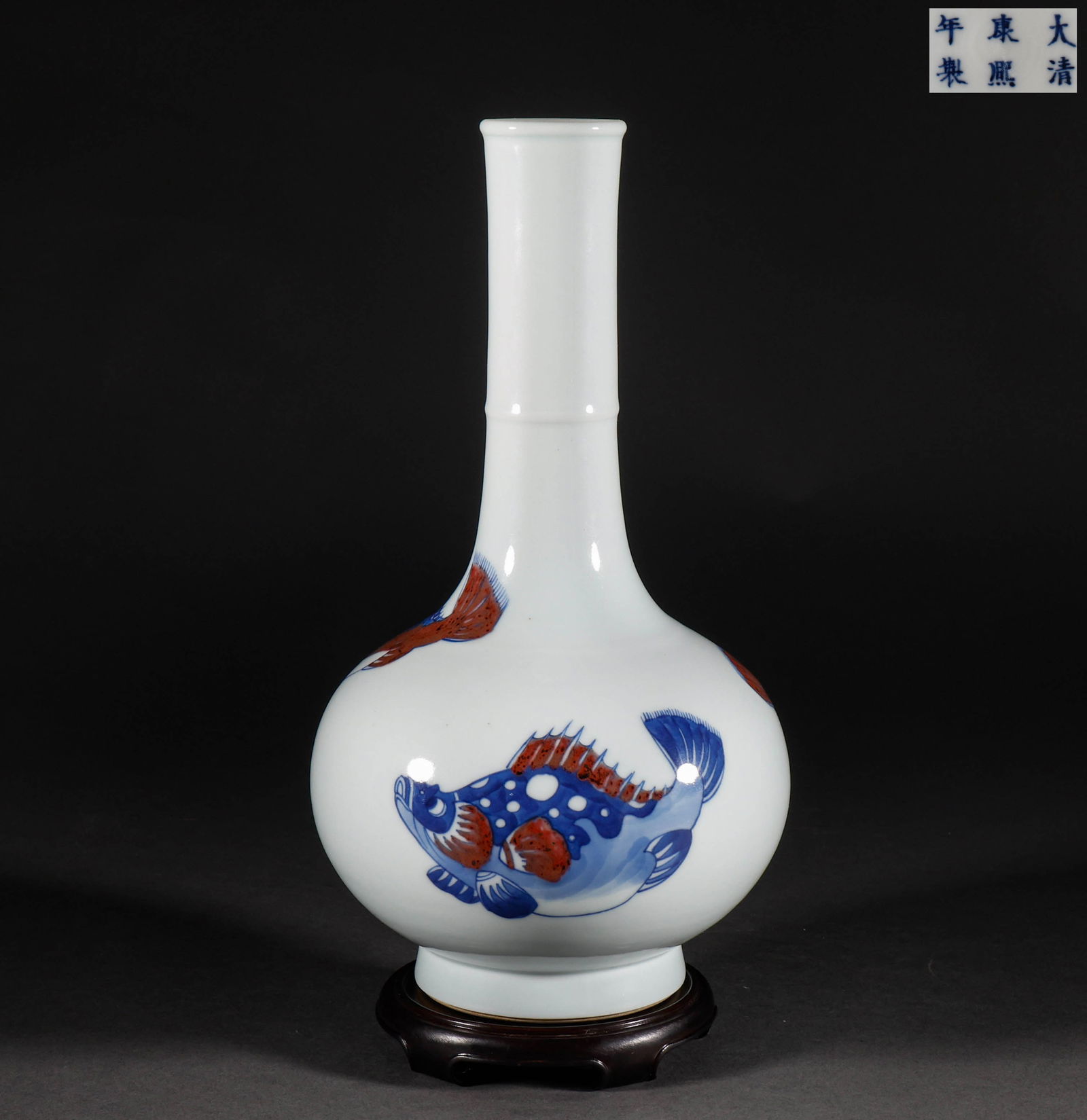 Qing Dynasty blue and white glazed red fish patterned bottle (1 of 8)