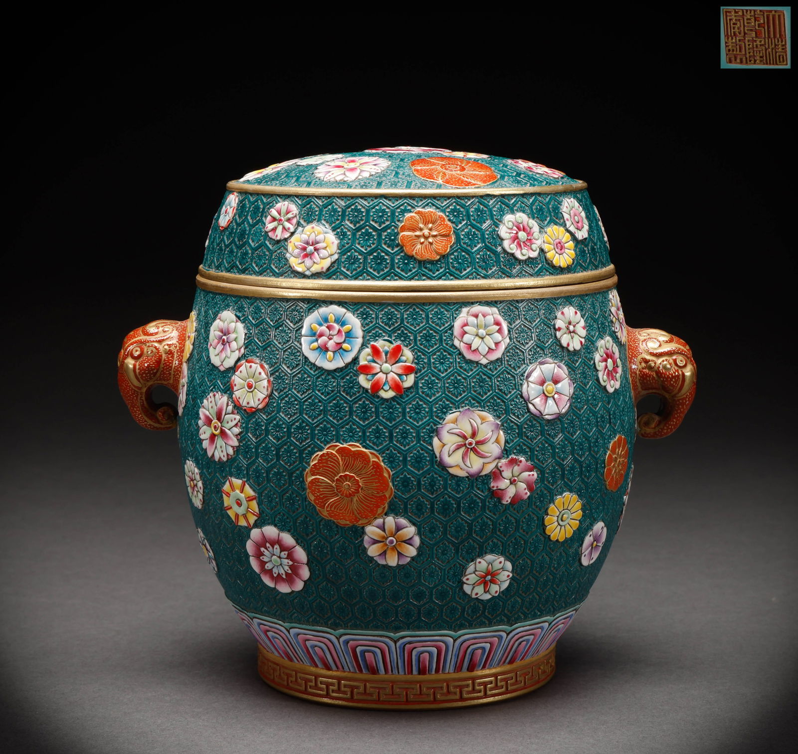 Qing Dynasty Pink Gemstone Flower Drum Pier: Height: 16cm, Width: 16.5cm, Weight: 1210g