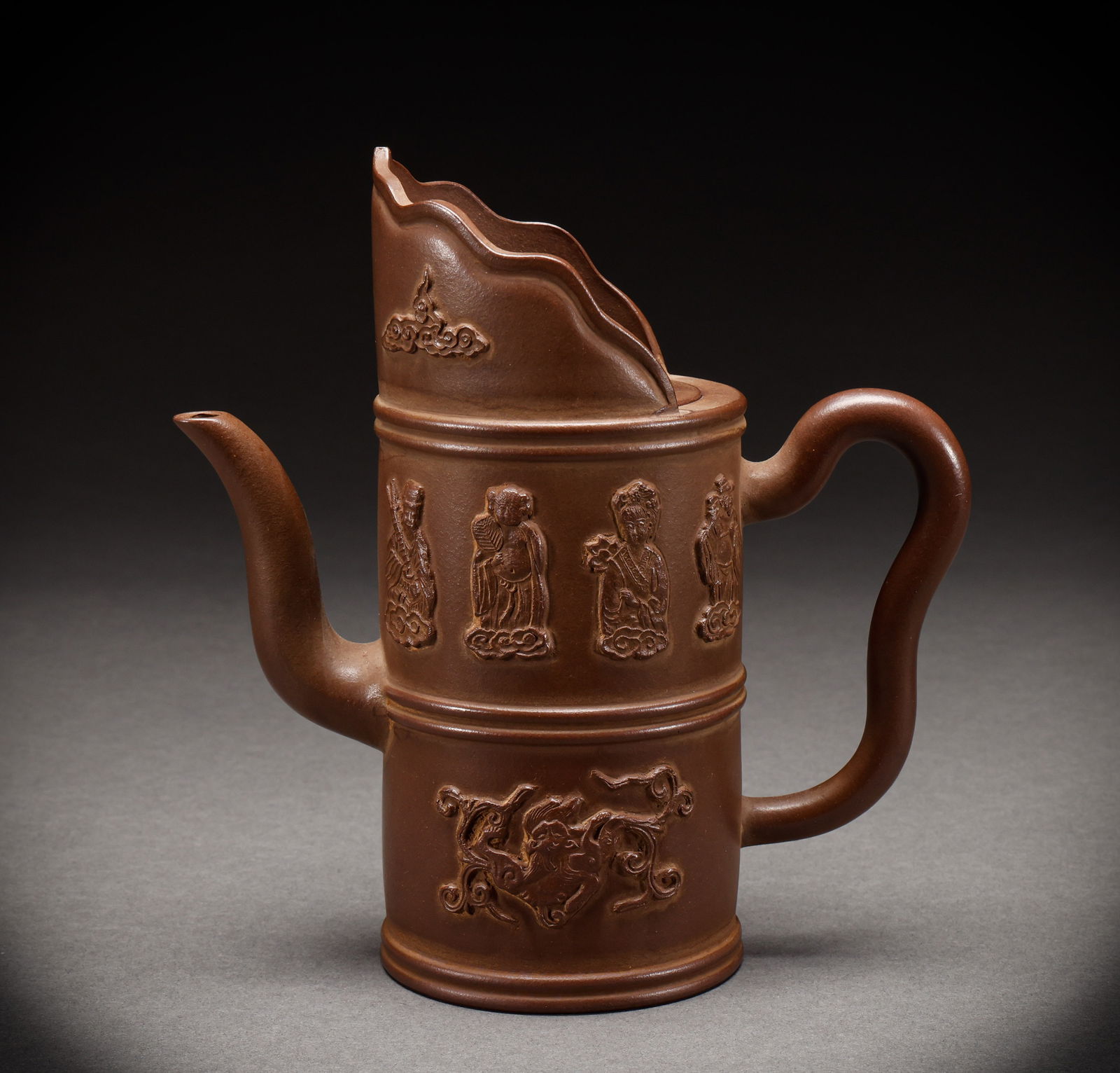 Qing or Republican purple clay teapot: Height: 17cm, Width: 16cm, Weight: 429g