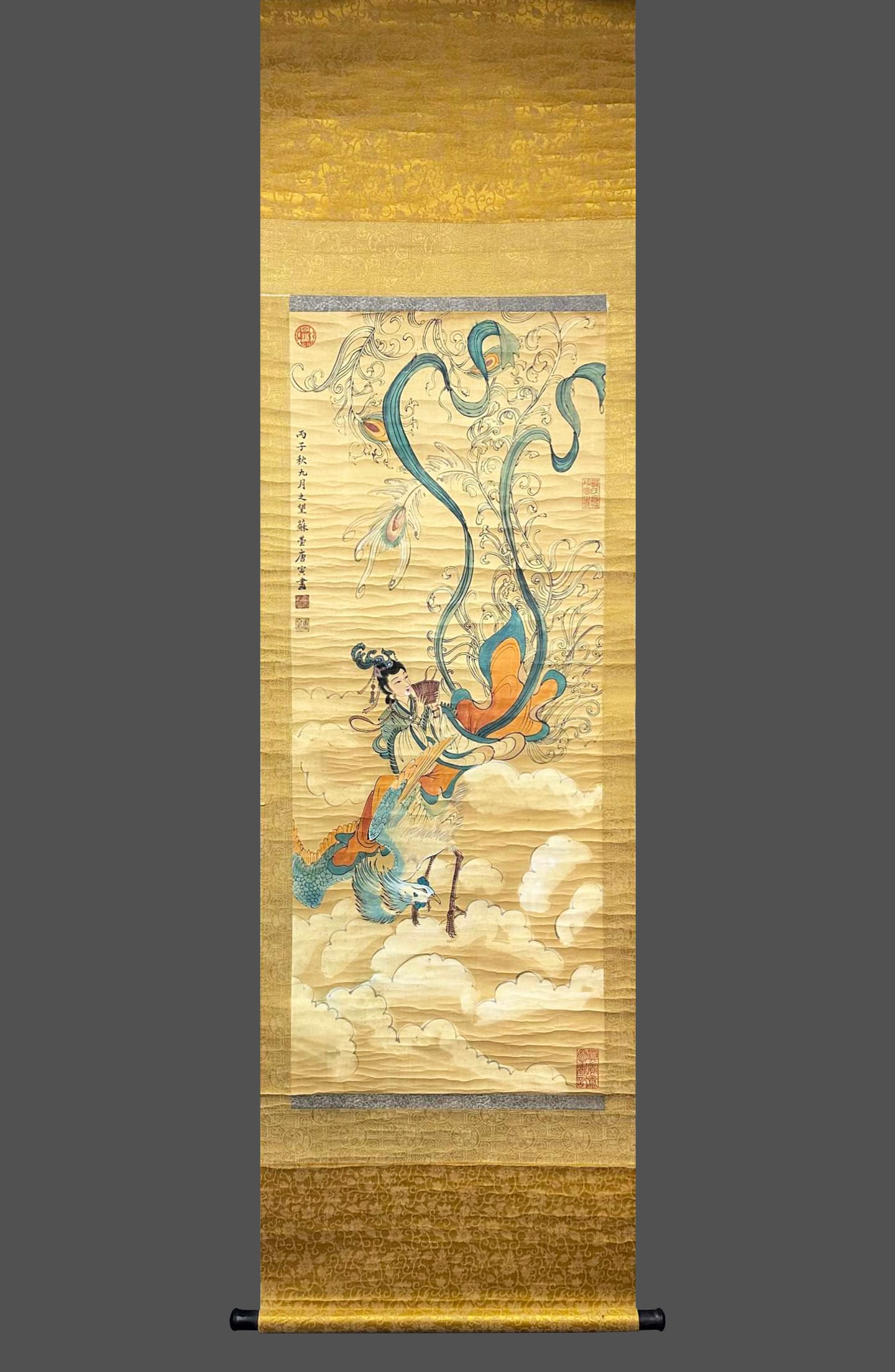 Tang Yin Blows the Flute and Leads the Phoenix Picture on Silk Scroll: Height: 109cm, Width: 44cm,