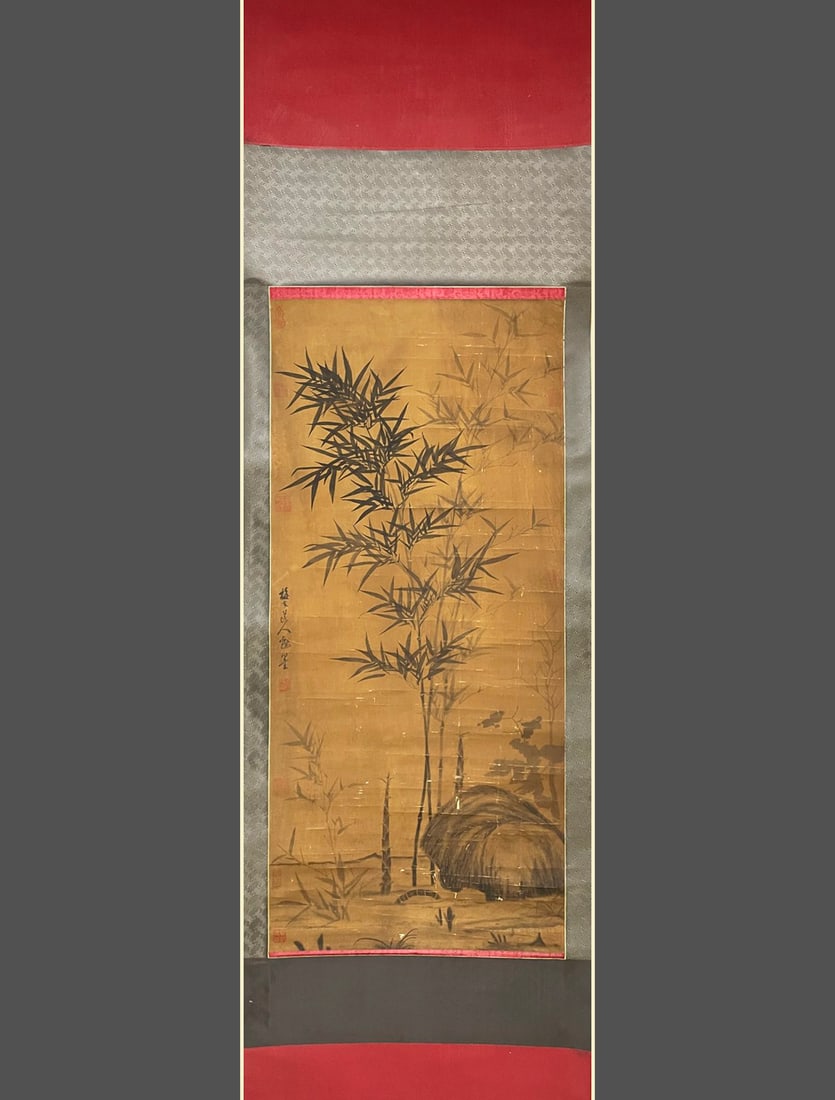 Wuzhen Bamboo and Stone Painting Silk Scroll: Height: 113cm, Width: 51cm,