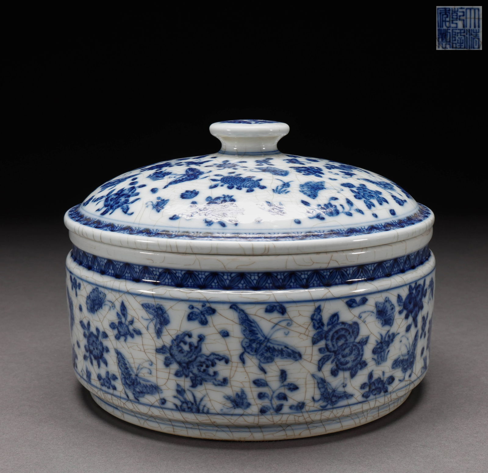 Qing Dynasty blue and white animal and plant patterned lid jar (1 of 8)