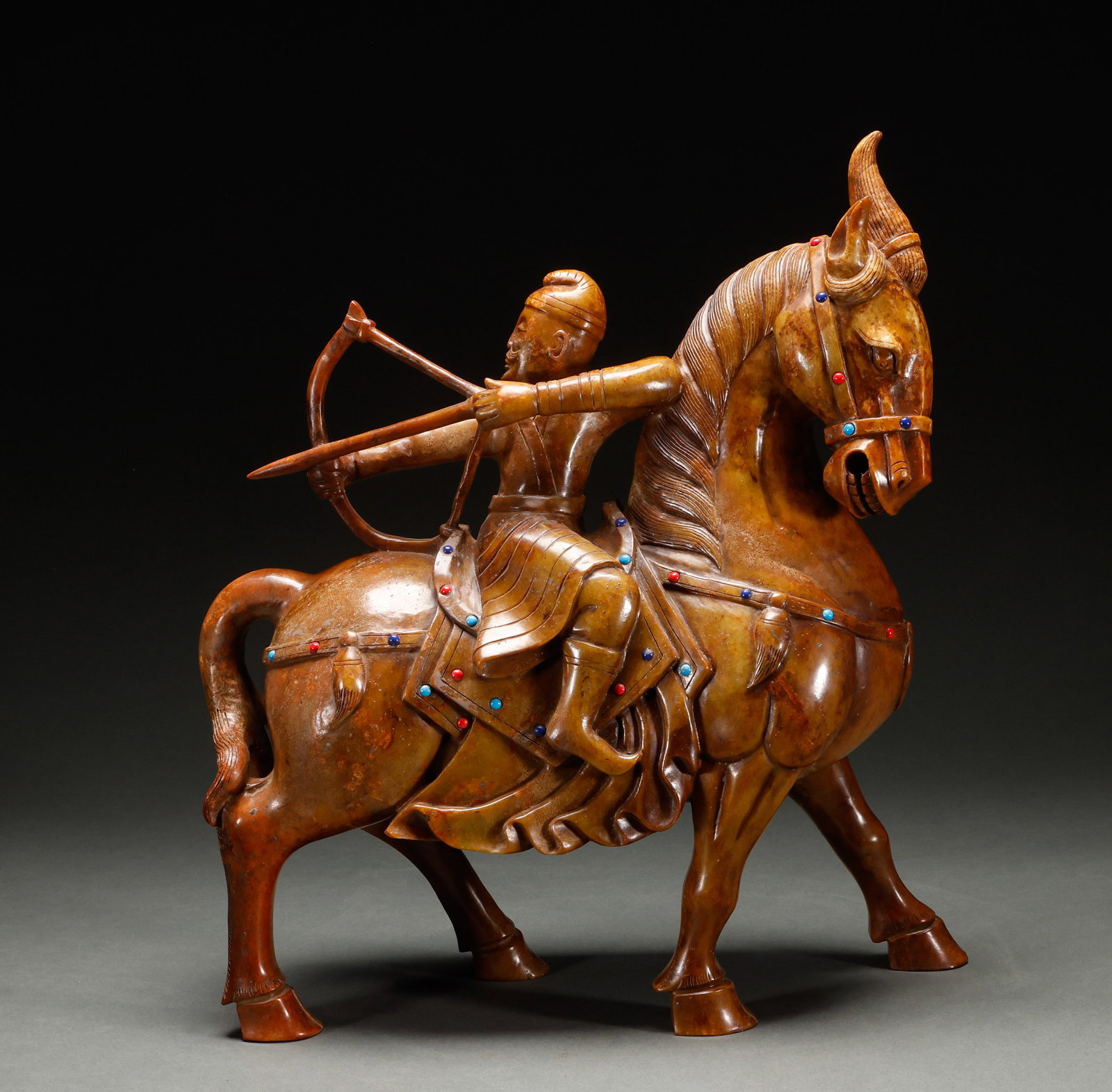 Before the Ming Dynasty, Hotan Jade figures rode horses and shot arrows: Height: 47cm, Width: 40cm, Weight: 21032g