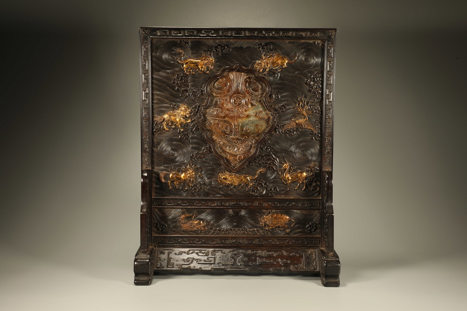 Purple sandalwood carved sea beast pattern gold inlaid jade screen: Height: 44cm, Width: 35cm,