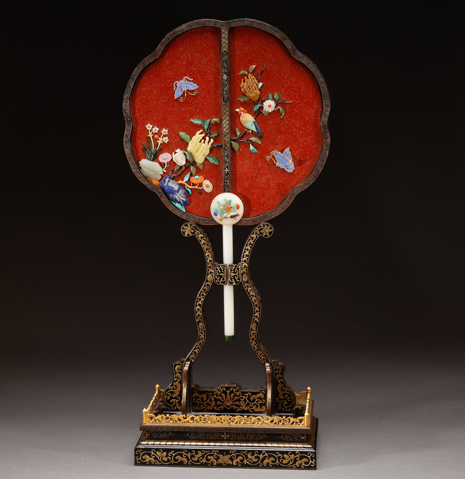 Wooden lacquered inlaid Eight Treasures fan from the Qing Dynasty: Height: 76cm, Width: 35cm,