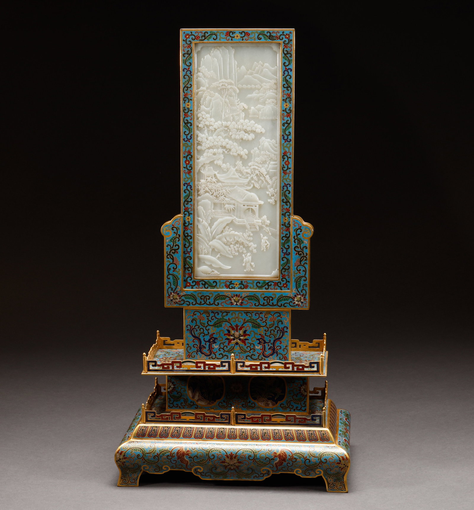 Bronze body cloisonne inlaid with Hotan Jade screen insert in the Qing Dynasty: Height: 58cm, width: 30cm, weight: 4789g