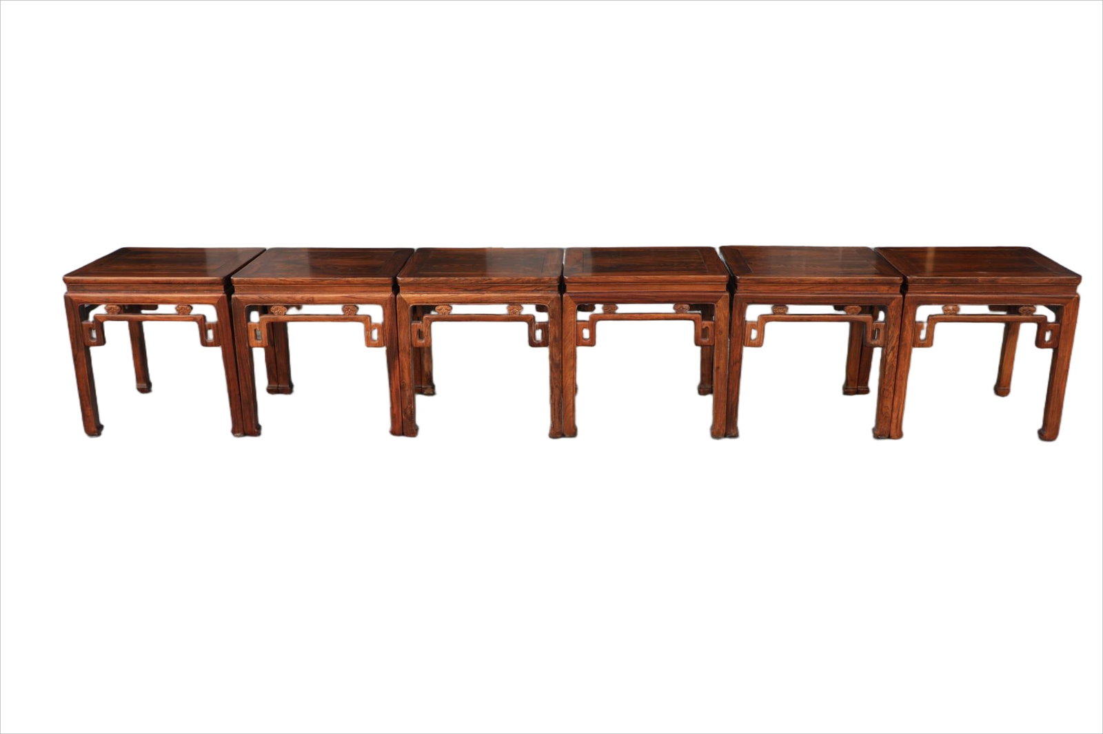 Qing Dynasty Huanghua Pear Carving Lingzhi Pattern Square Stool Set of Six Pieces: Length: 46cm, Width: 40cm, Height: 48cm,