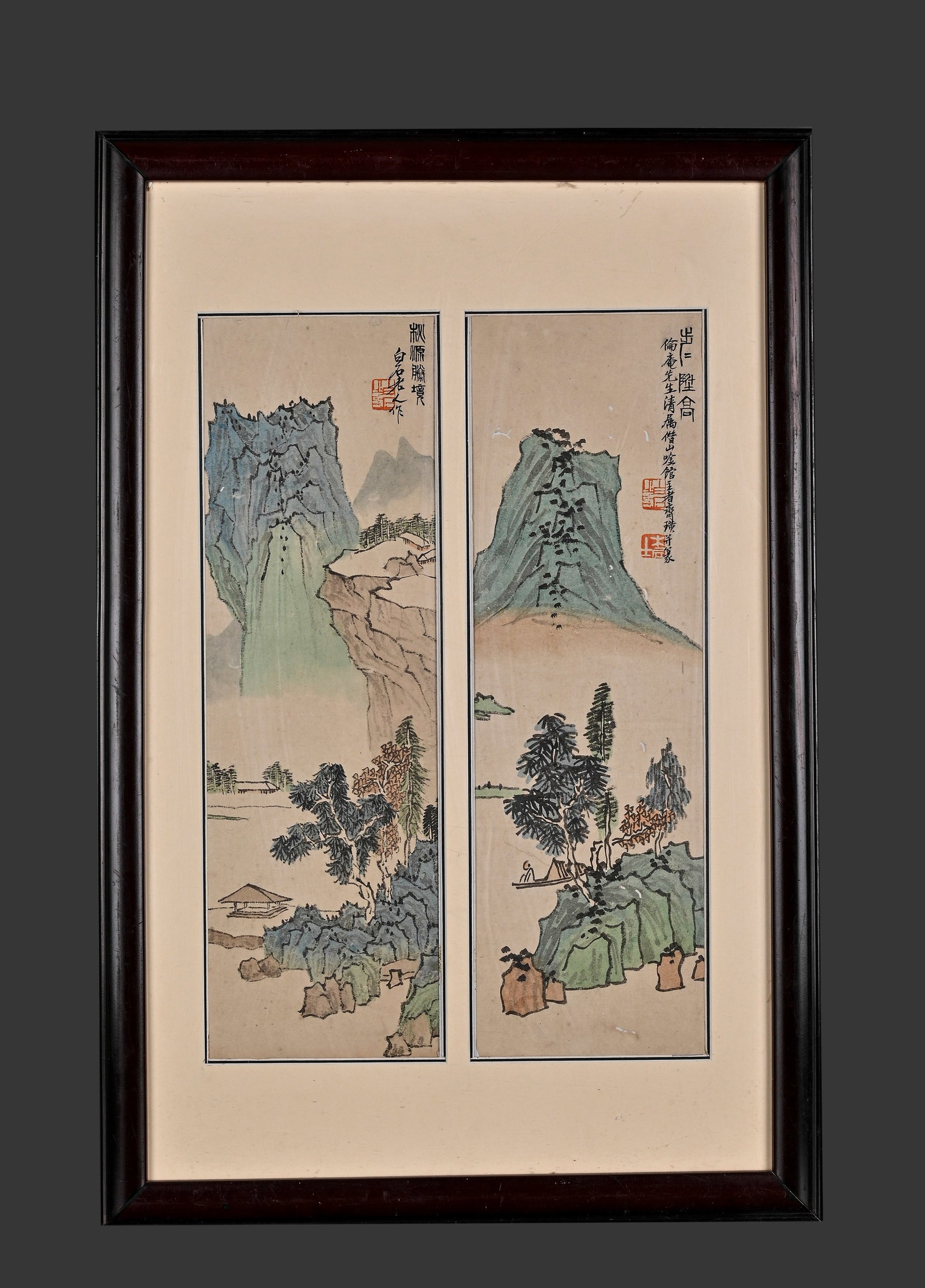 Qi Baishi Landscape Screen Drawing Book Solid Wood Frame: Height: 39cm, Width: 13cm,