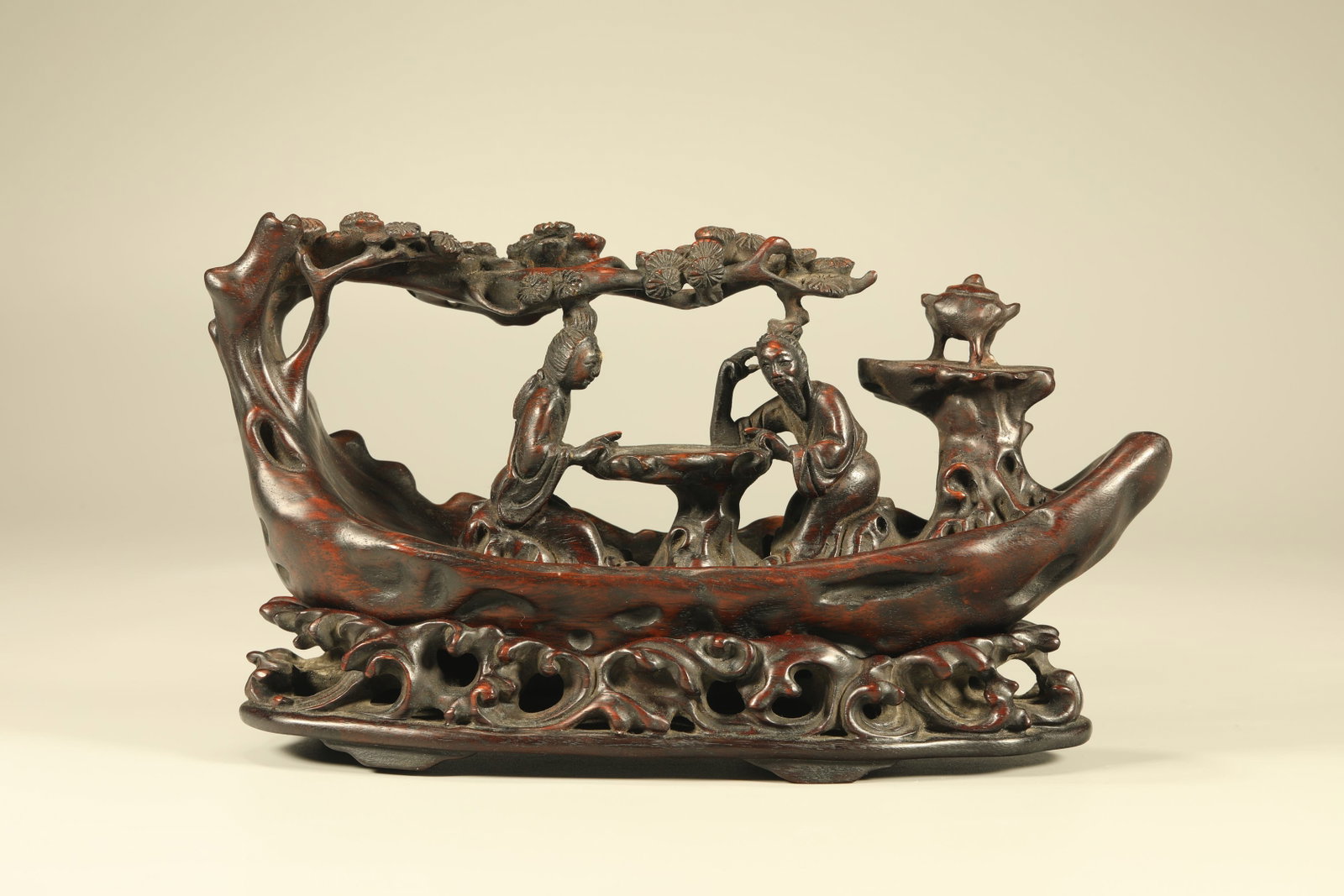 Qing Dynasty Huanghua Pear Carving Immortal Riding on a Pagoda Ornament: Height: 12cm, Width: 20cm,