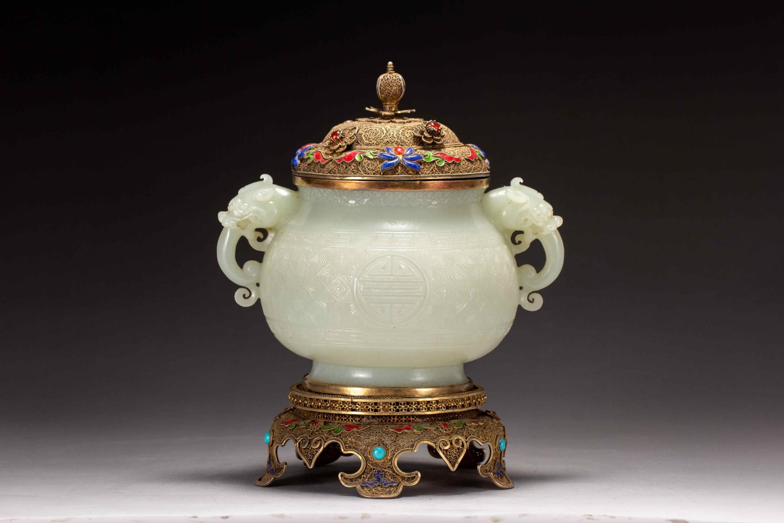 Qing Dynasty Hotan Jade Double Ear Stove: Height: 21cm, Width: 16cm,