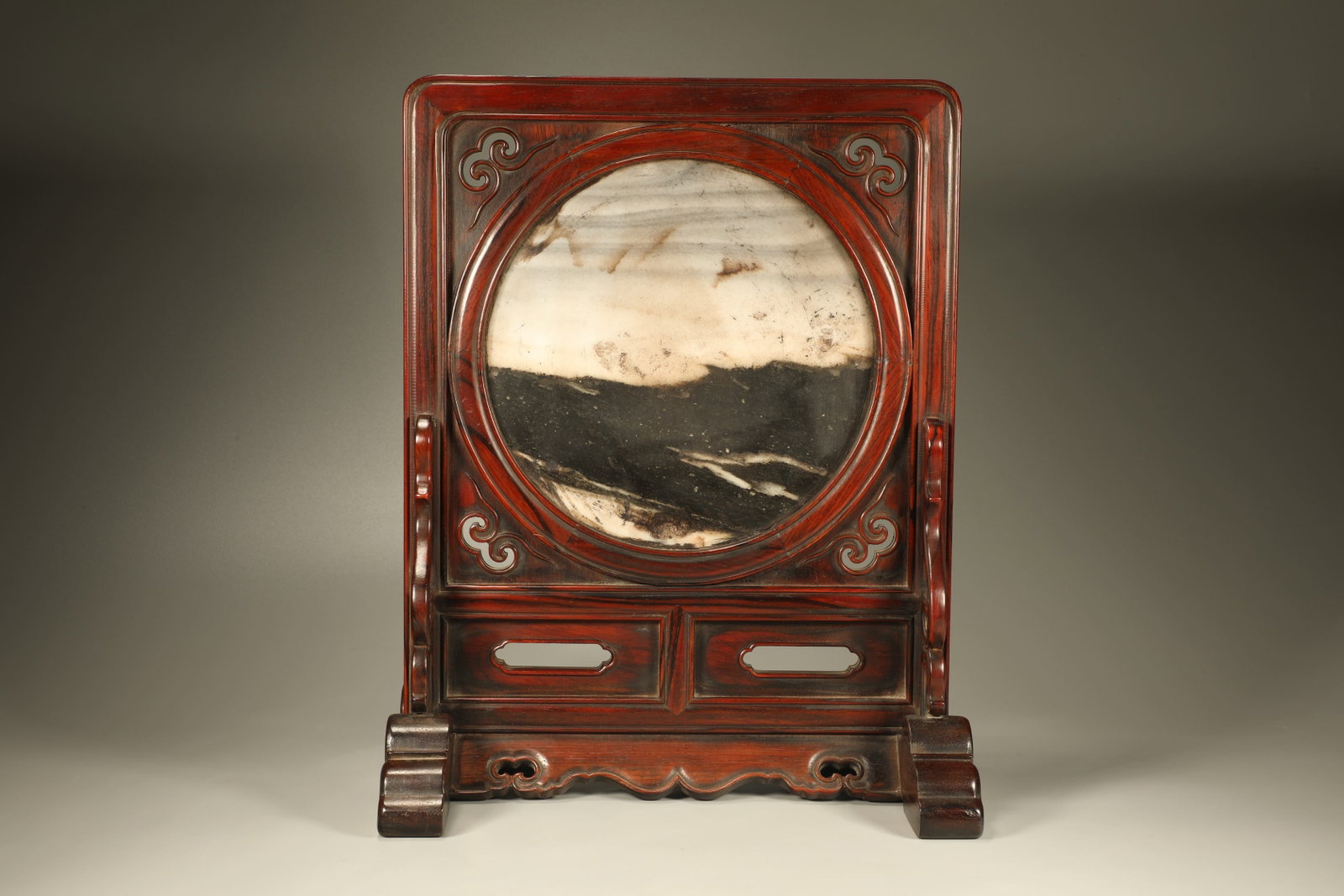 Qing Dynasty Huanghua Pear Embedded Cloud Stone Seat Screen: Height: 37cm, Width: 29cm,
