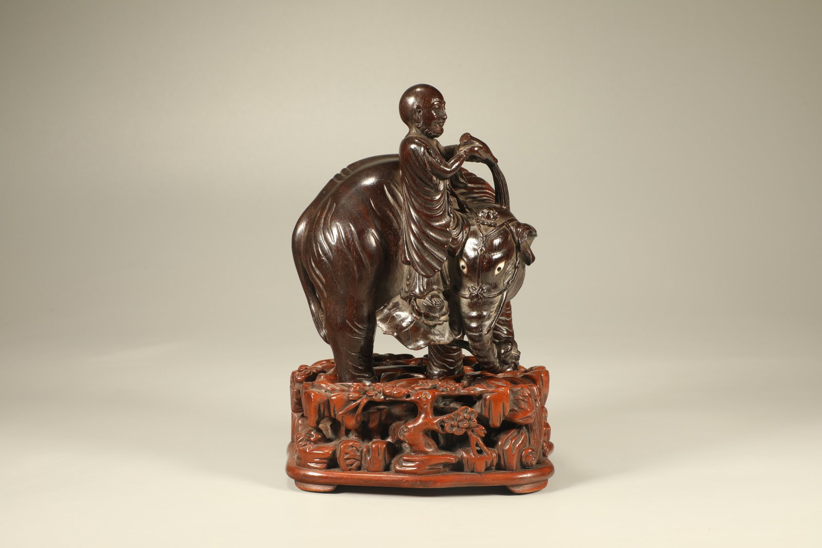 Qing Dynasty Purple Sandalwood Carving Taiping Elephant Ornament: Height: 16cm, Width: 10cm,