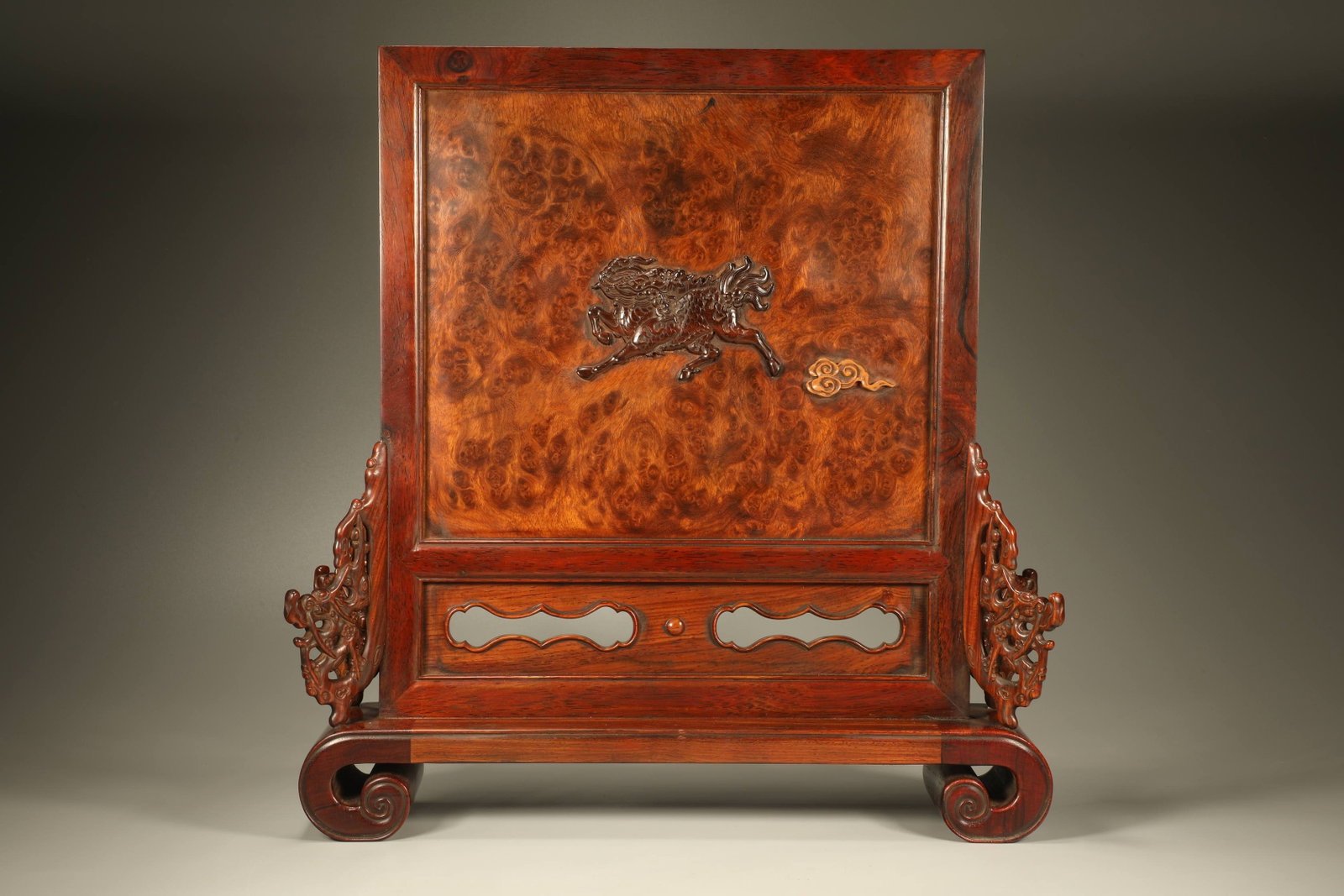 Qing Dynasty Huanghua Pear Cherry Wood Embedded Kirin Pattern Seat Screen (1 of 7)
