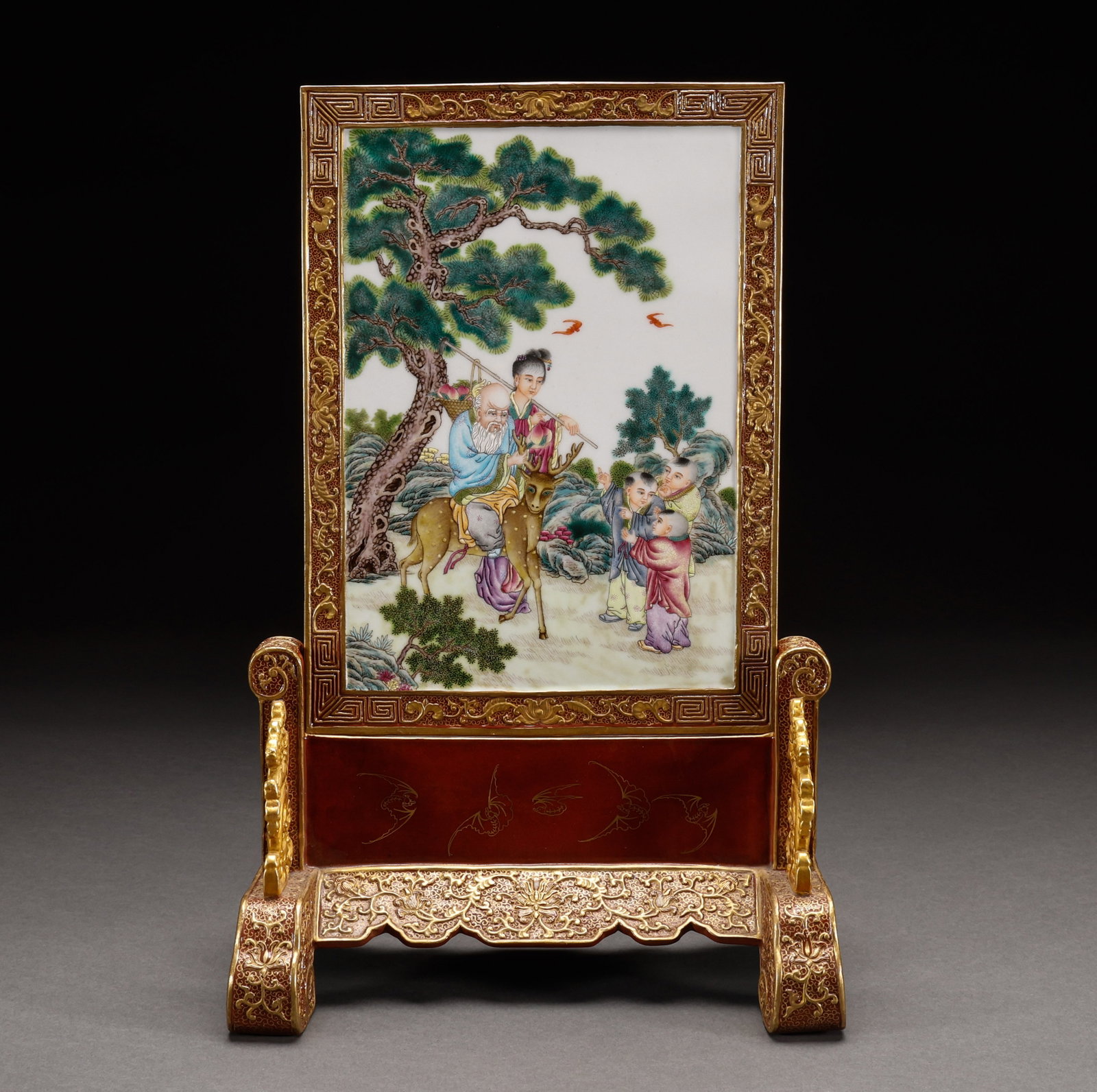 Qing Dynasty Pink Character Story Screen Insertion: Height: 38cm, Width: 25cm, Weight: 1861g