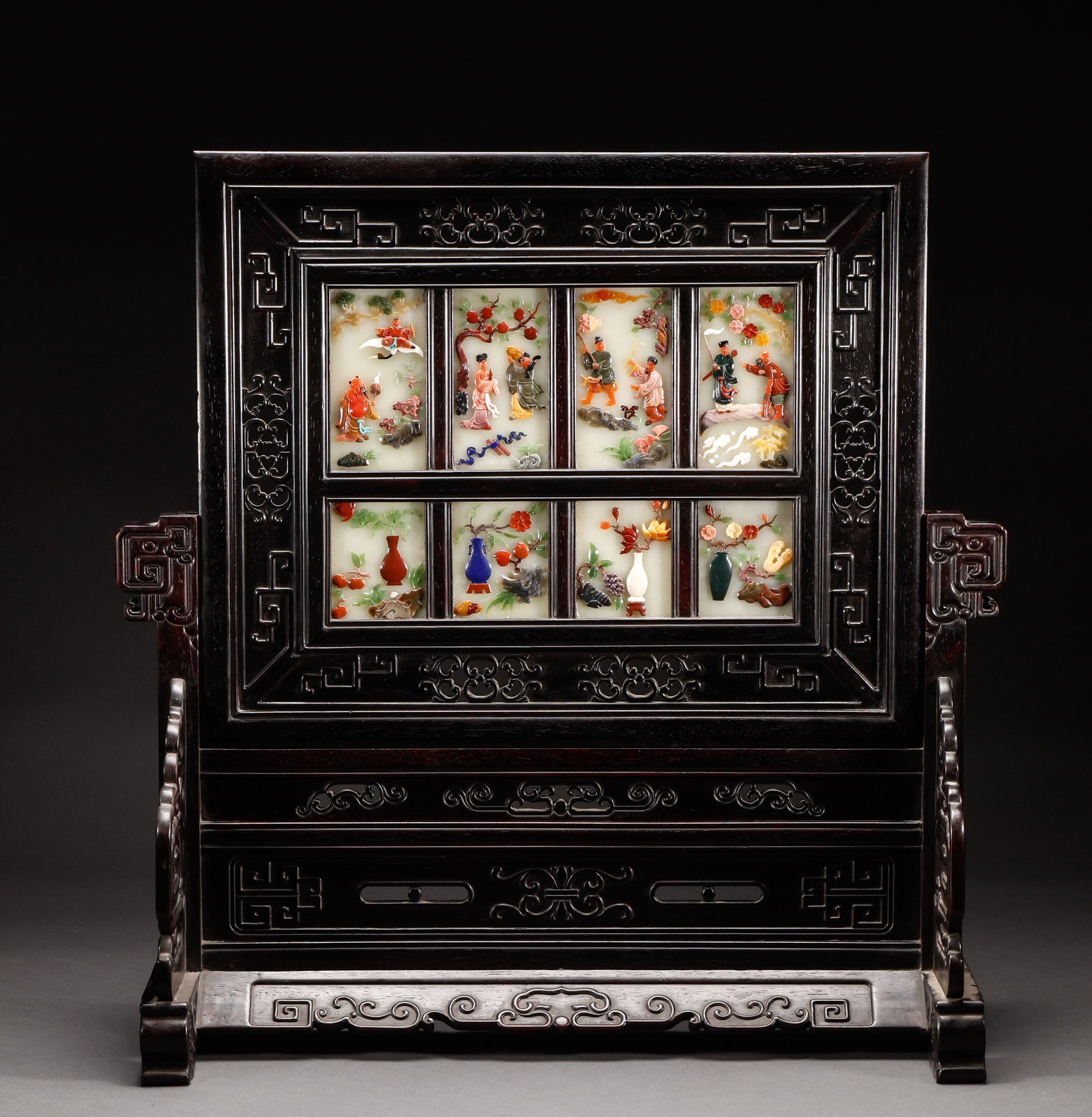 Red sandalwood inlaid with Hotan Jade inlaid with hundred treasures in the Qing Dynasty: Height: 72cm, Width: 70.5cm,