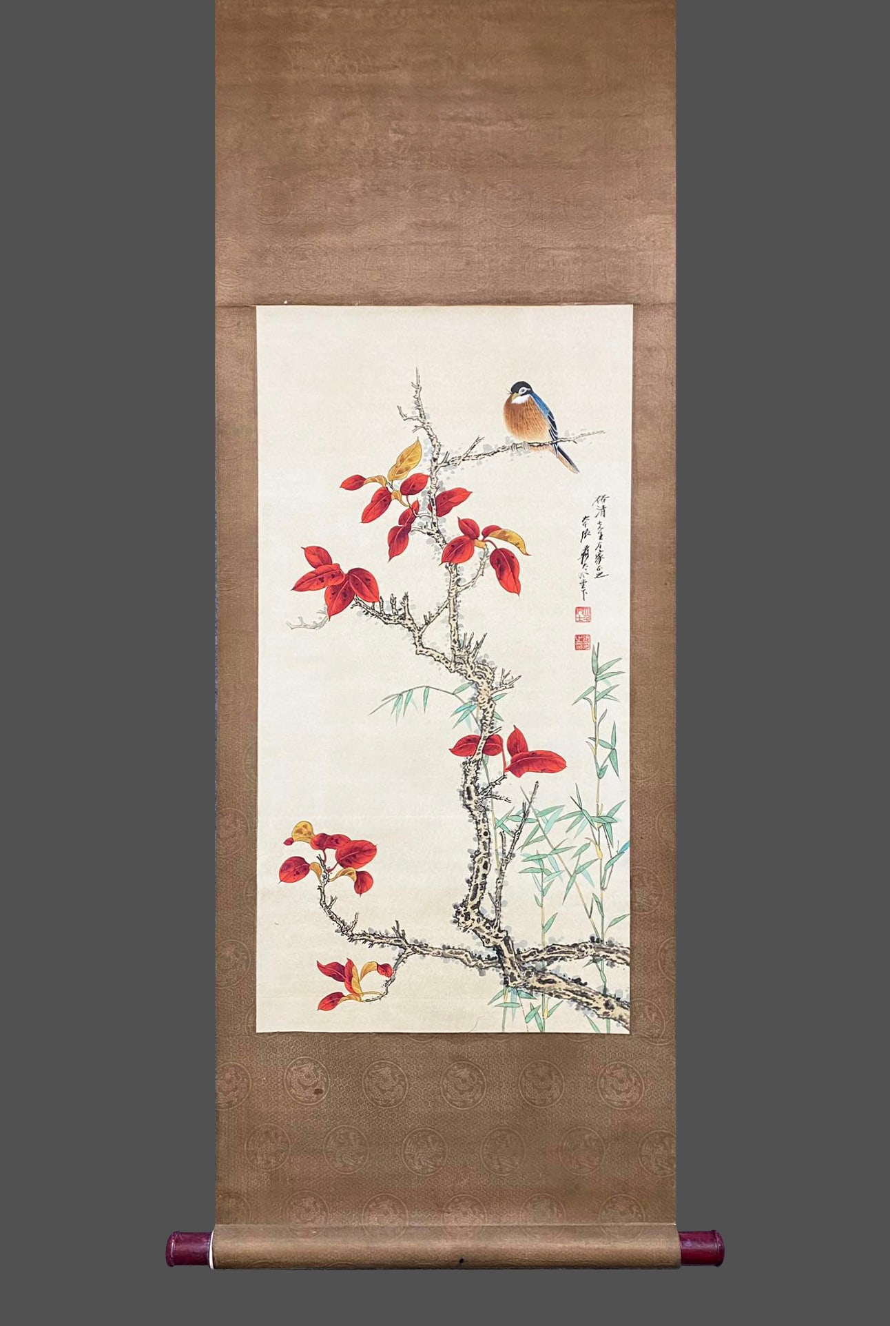 Zhang Daqian's red leaf rare bird blueprint vertical axis: Height: 78cm, Width: 40cm,