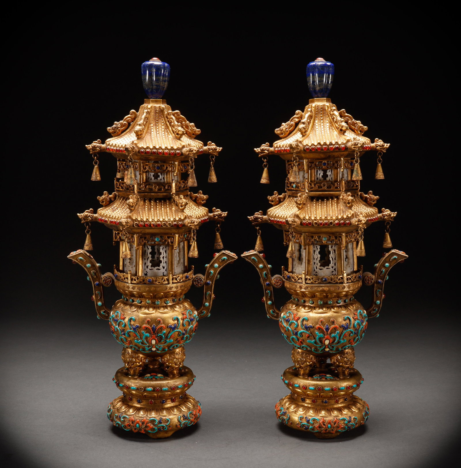 A pair of copper gilded inlaid with gemstones and jade pagodas from the Qing Dynasty or earlier: Height: 43cm, Width: 19cm, Weight: 4879g