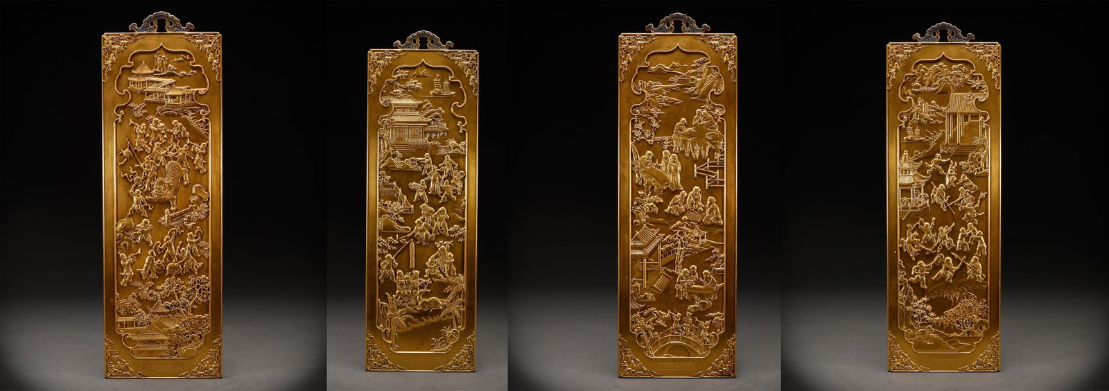 A set of four copper gilded panel paintings from the Qing Dynasty: Height: 56cm, Width: 19.5cm, Weight: 30267g