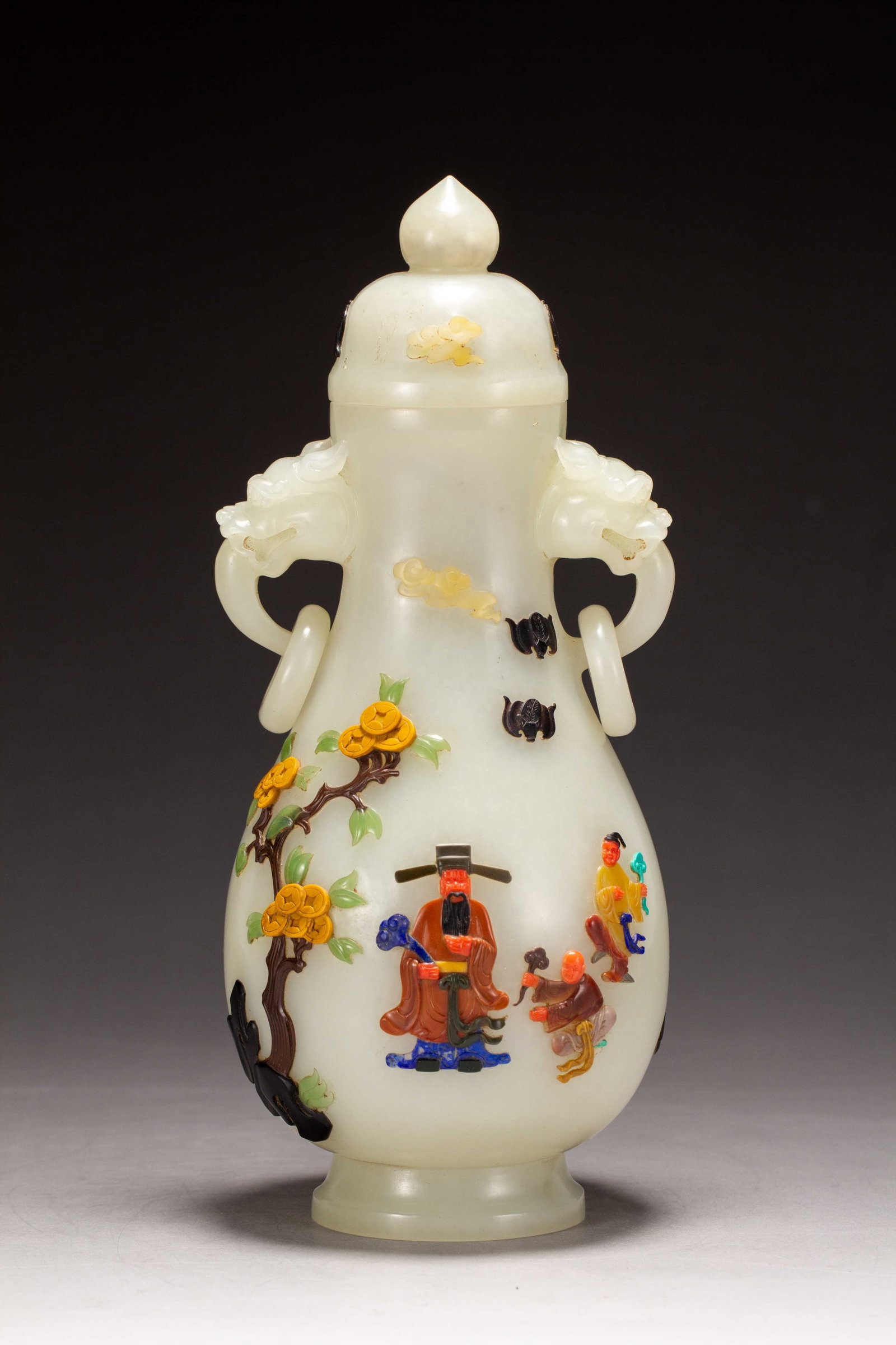 Qing Dynasty Hotan Jade Double Ear Bottle Inlaid with Hundred Treasures: Height: 20cm,