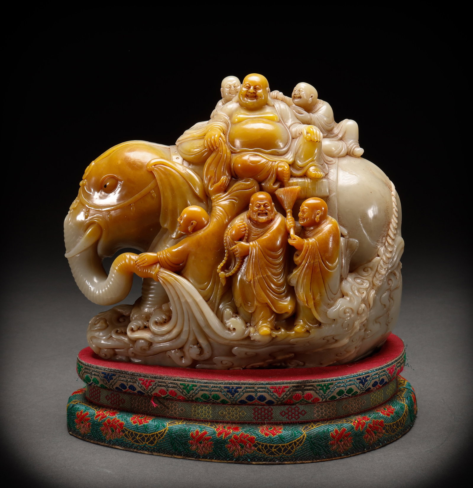 Qing Dynasty Shoushan Stone Maitreya Riding Elephant Ornament: Height: 20cm, Width: 22cm, Weight: 5702g