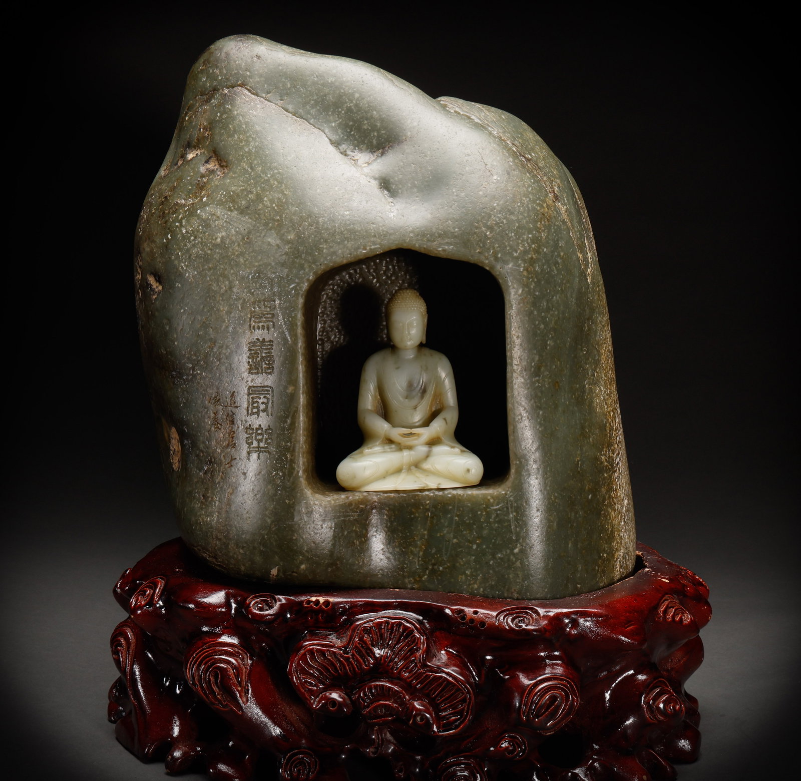 Qing Dynasty Hotan Jade Buddha Niche Jade Buddha: Height: 40cm, Width: 32cm,Height: 10.5cm, Width: 9cm, Weight: 39000g