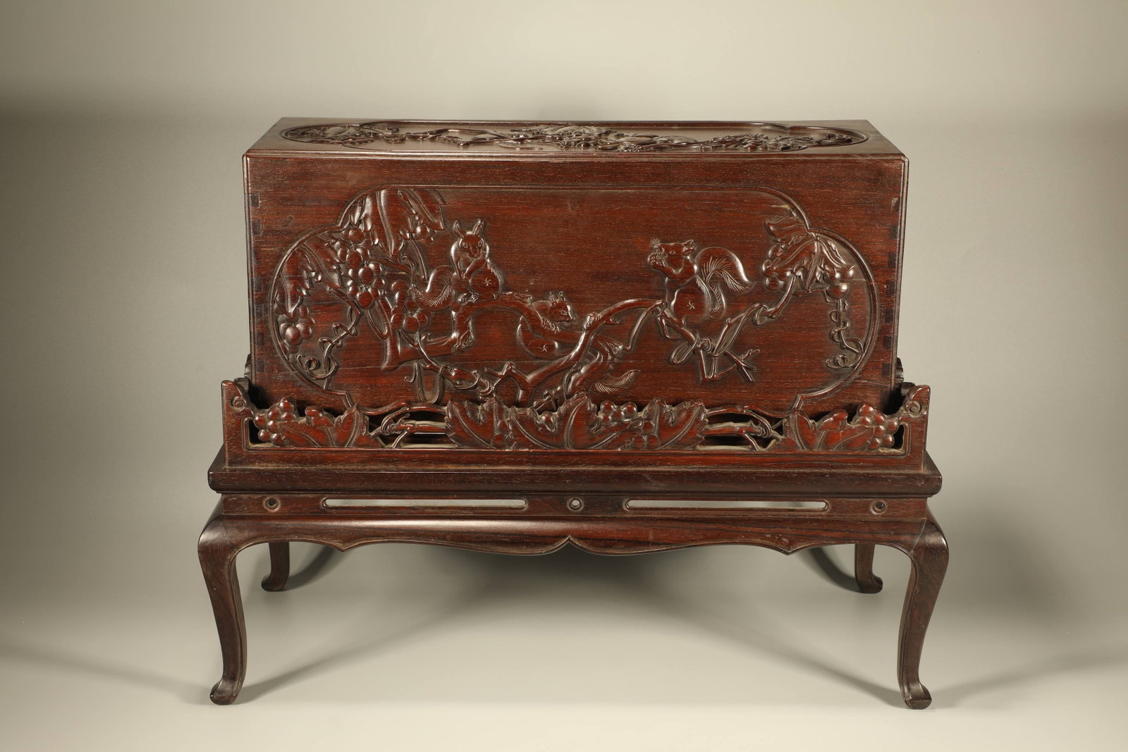 Qing Dynasty Redwood Carving Squirrel Grape Pattern Cover Box: Length: 49cm, Width: 23cm, Height: 38cm,