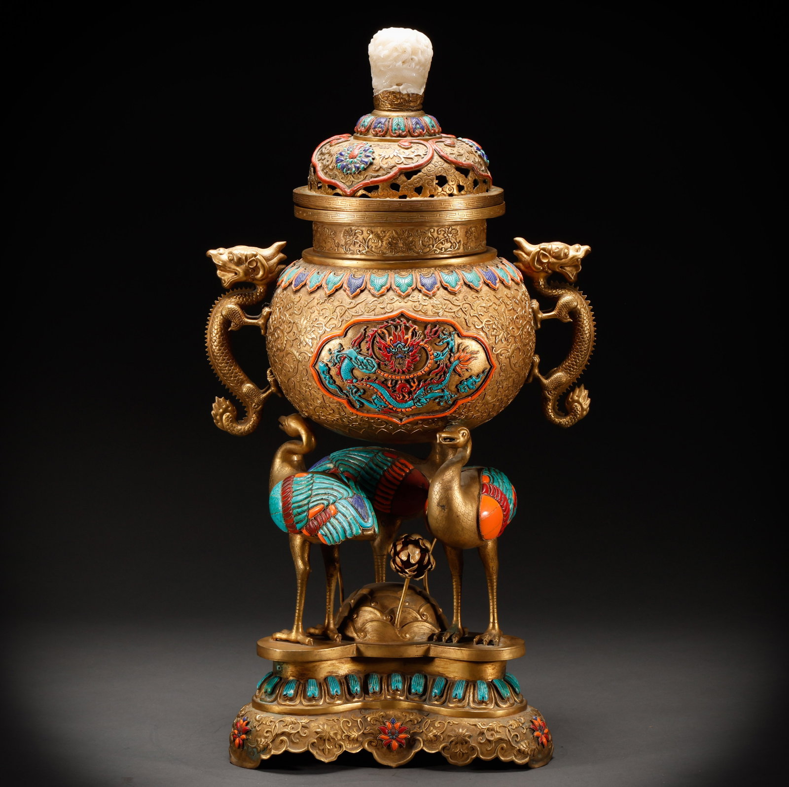 Copper gilded crane footed stove from the Qing Dynasty or earlier: Height: 65cm, Width: 34cm, Weight: 9774g