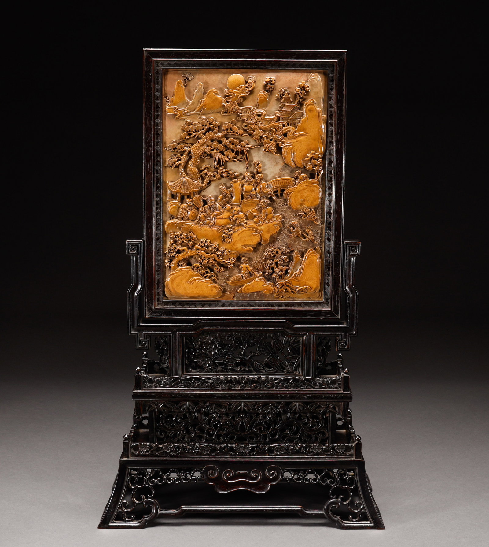 Qing Dynasty Purple Sandalwood Embedded with Shoushan Stone Screen: Height: 58cm, Width: 35cm, Weight: 3750g