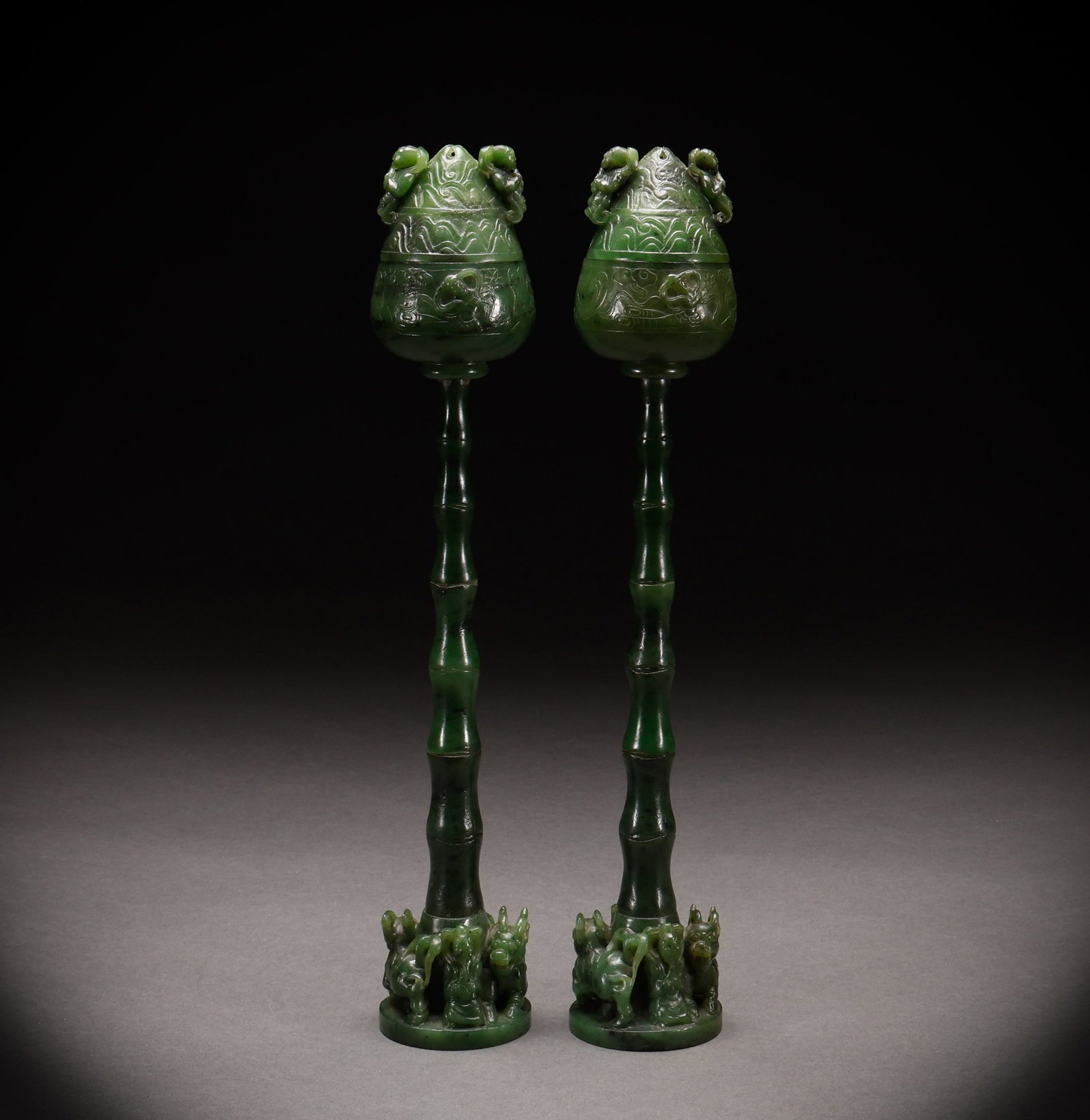 Qing Dynasty Hetian Biyu High Foot Stove Pair: Height: 30.5cm, Width: 5.5cm, Weight: 817g