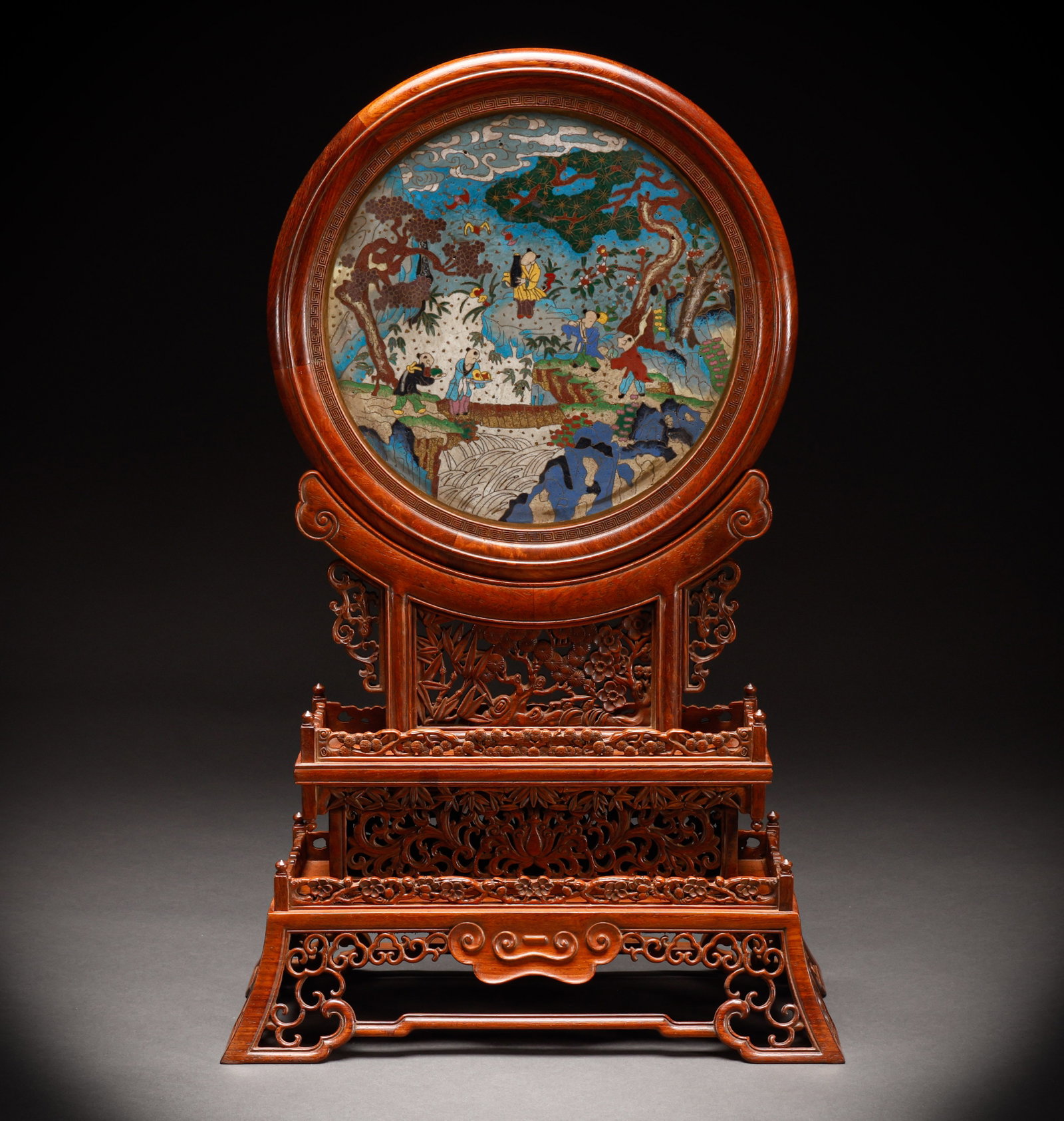 Qing Dynasty Huanghua Pear with Copper Embedded Cloisonn ?? Screen Insertion: Height: 56cm, Width: 35cm, Weight: 2640g