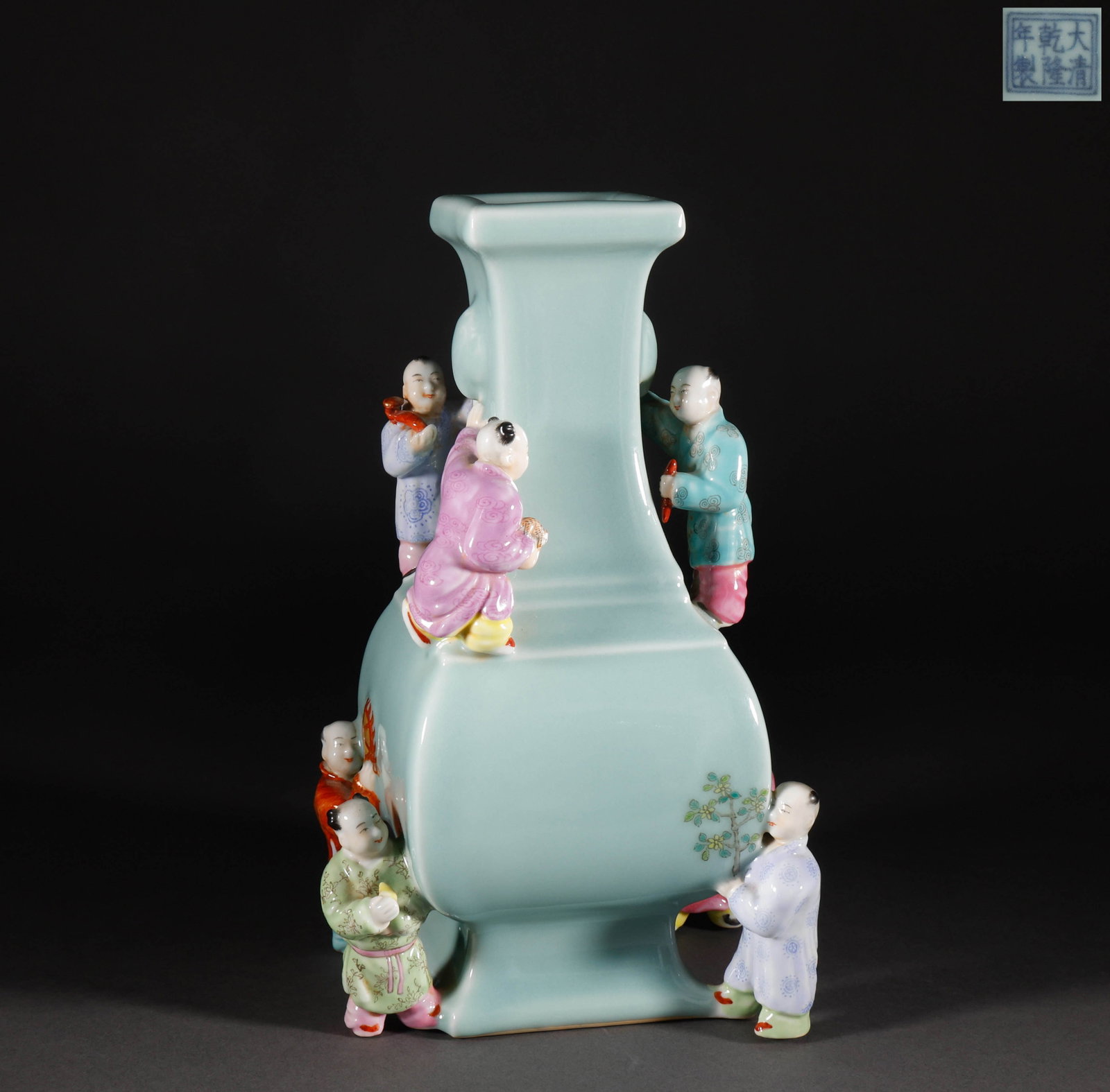 Qing Dynasty Pink Boy Ascends the Four Square Vase (1 of 9)