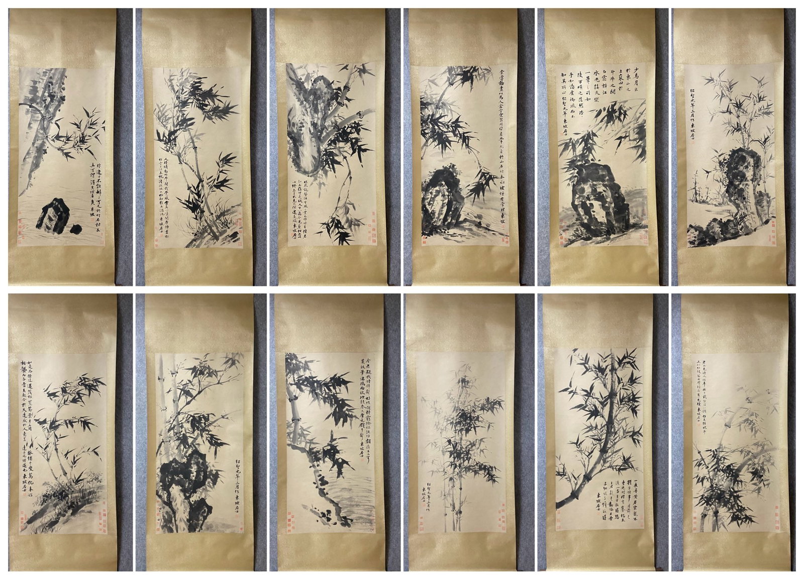Su Dongpo Bamboo Pattern Twelve Screen: Height: 136cm, Width: 67cm,