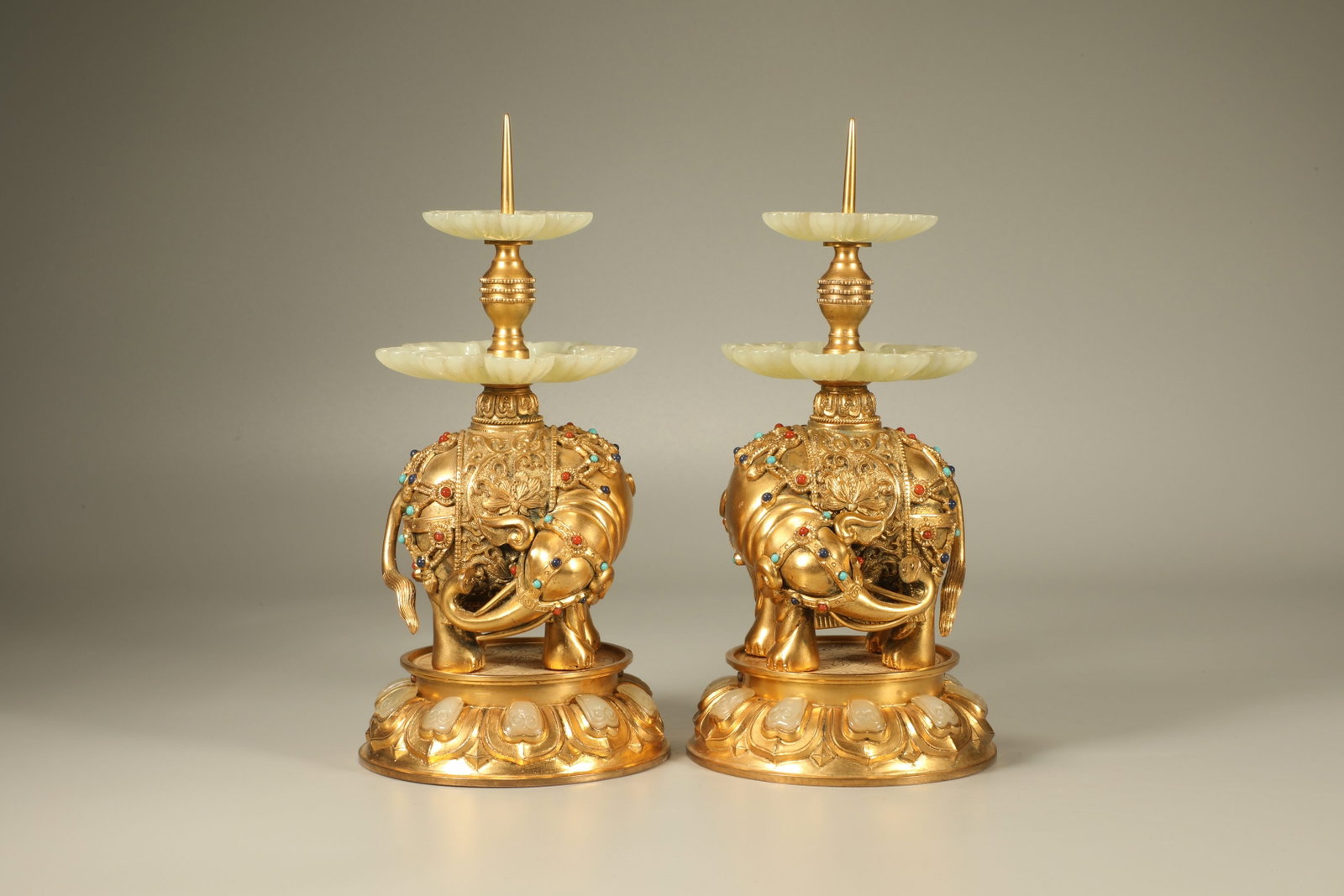 Qing Dynasty Copper Gilded with Jade Gems, Taiping Youxiang Candlestick Pair: Height: 21cm, Width: 10cm,