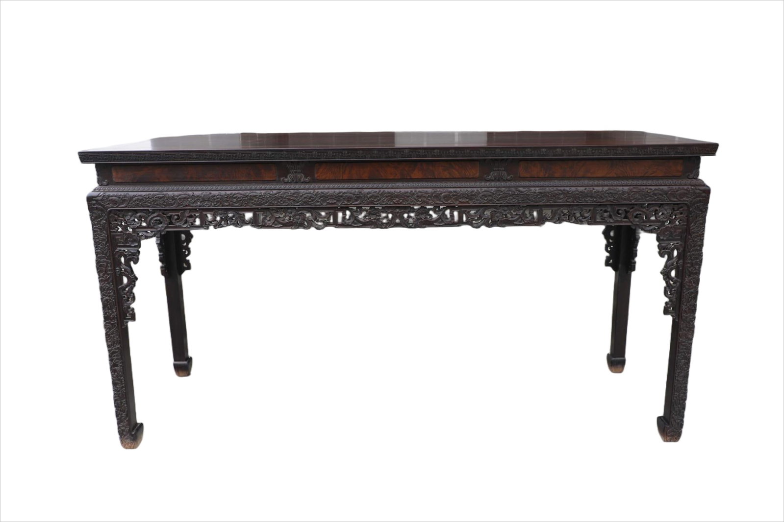 A case of inlaid carved rosewood with lotus patterns and cherry wood strips in the Qing Dynasty: Length: 160cm, Width: 53cm, Height: 84cm,