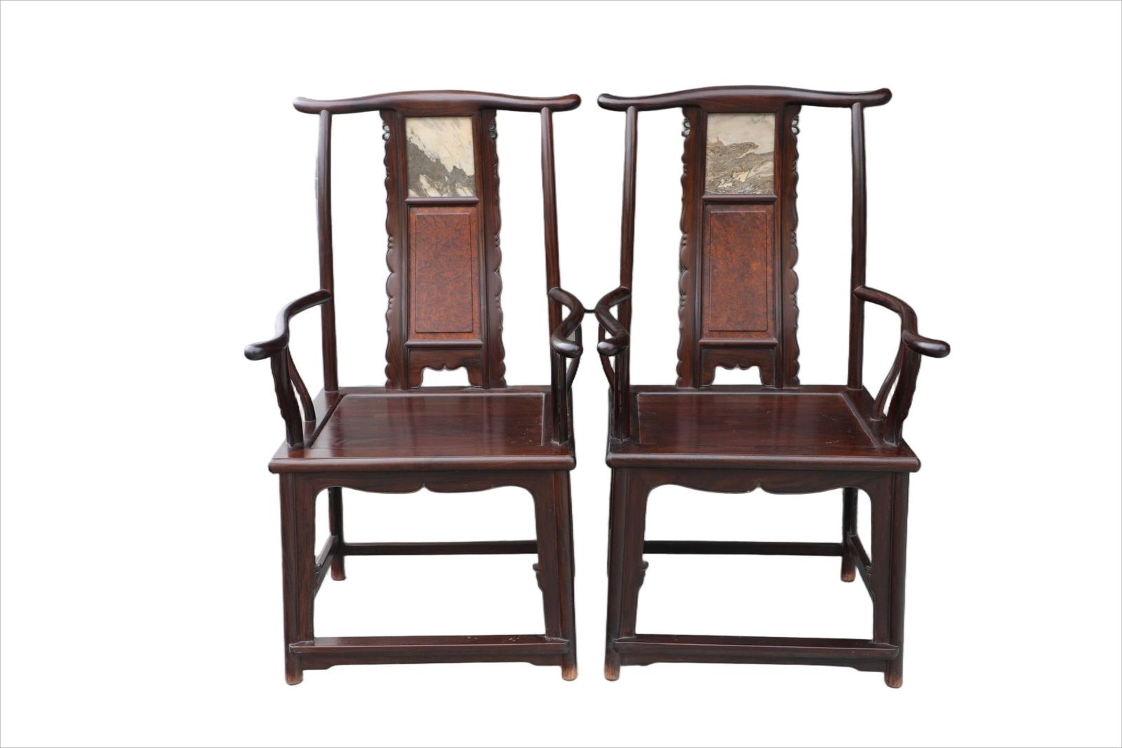 A pair of Qing Dynasty redwood inlaid with marble and cherry wood official hat chairs: Length: 63cm, Width: 50cm, Height: 117cm,