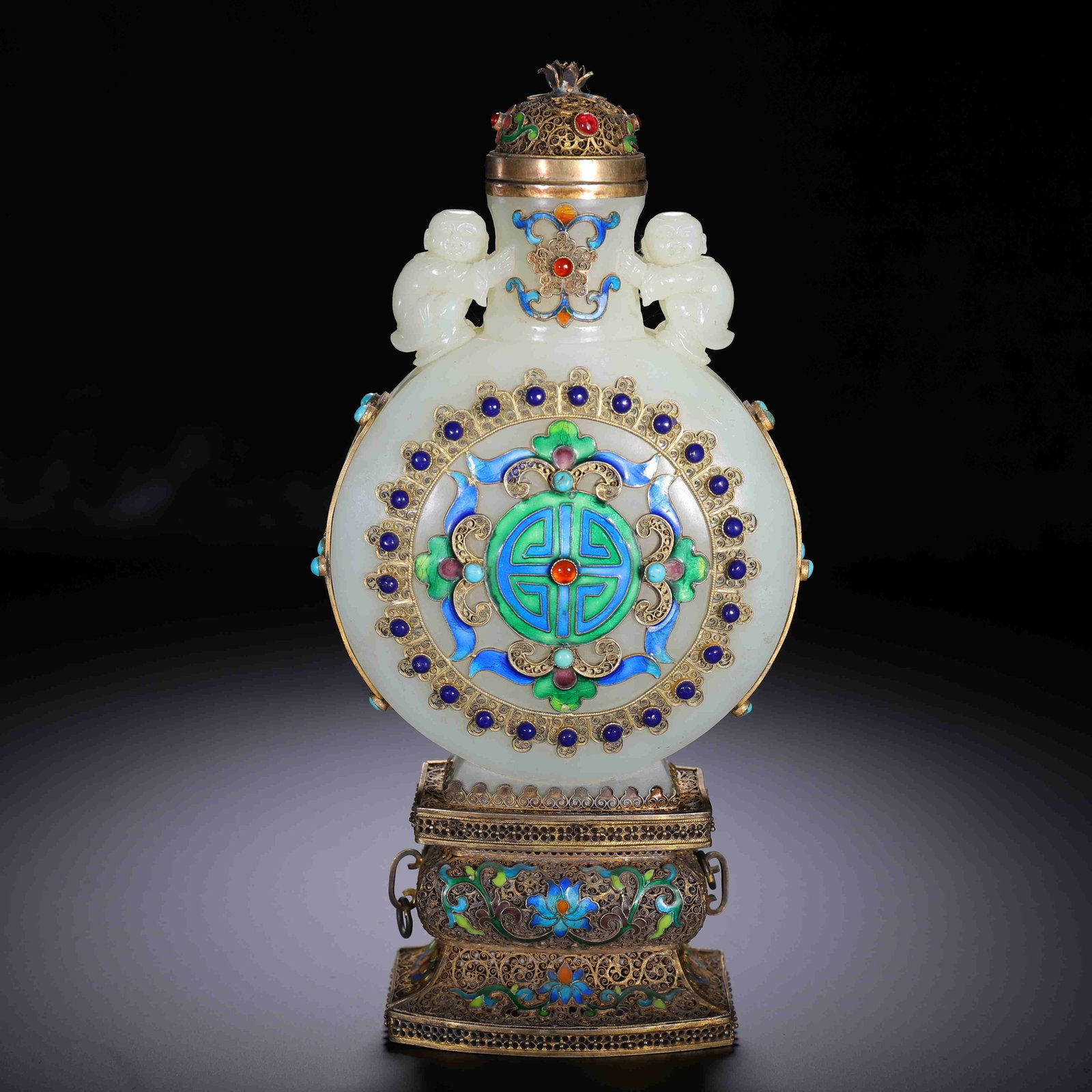 Qing Dynasty Hotan Jade Flat Bottle with Hundred Treasures: Height: 21cm, Width: 10.5cm,