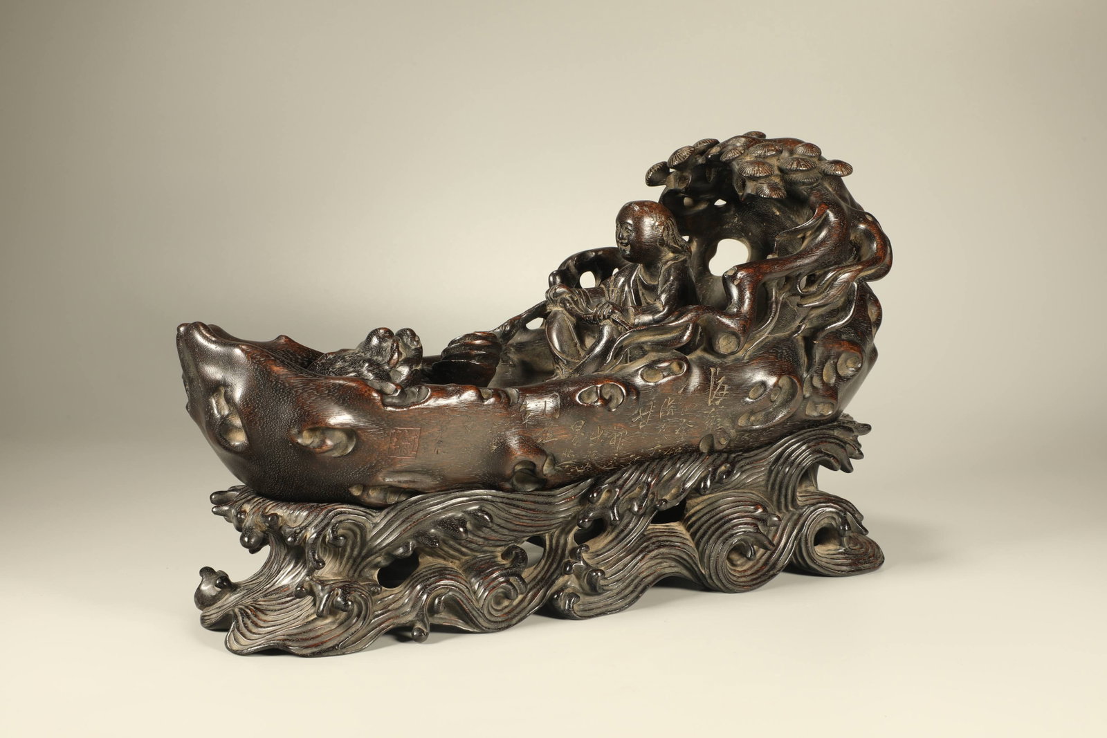 Qing Dynasty Agarwood Carving Liu Hai Play Golden Toad Ornament: Height: 20cm, Width: 33cm,