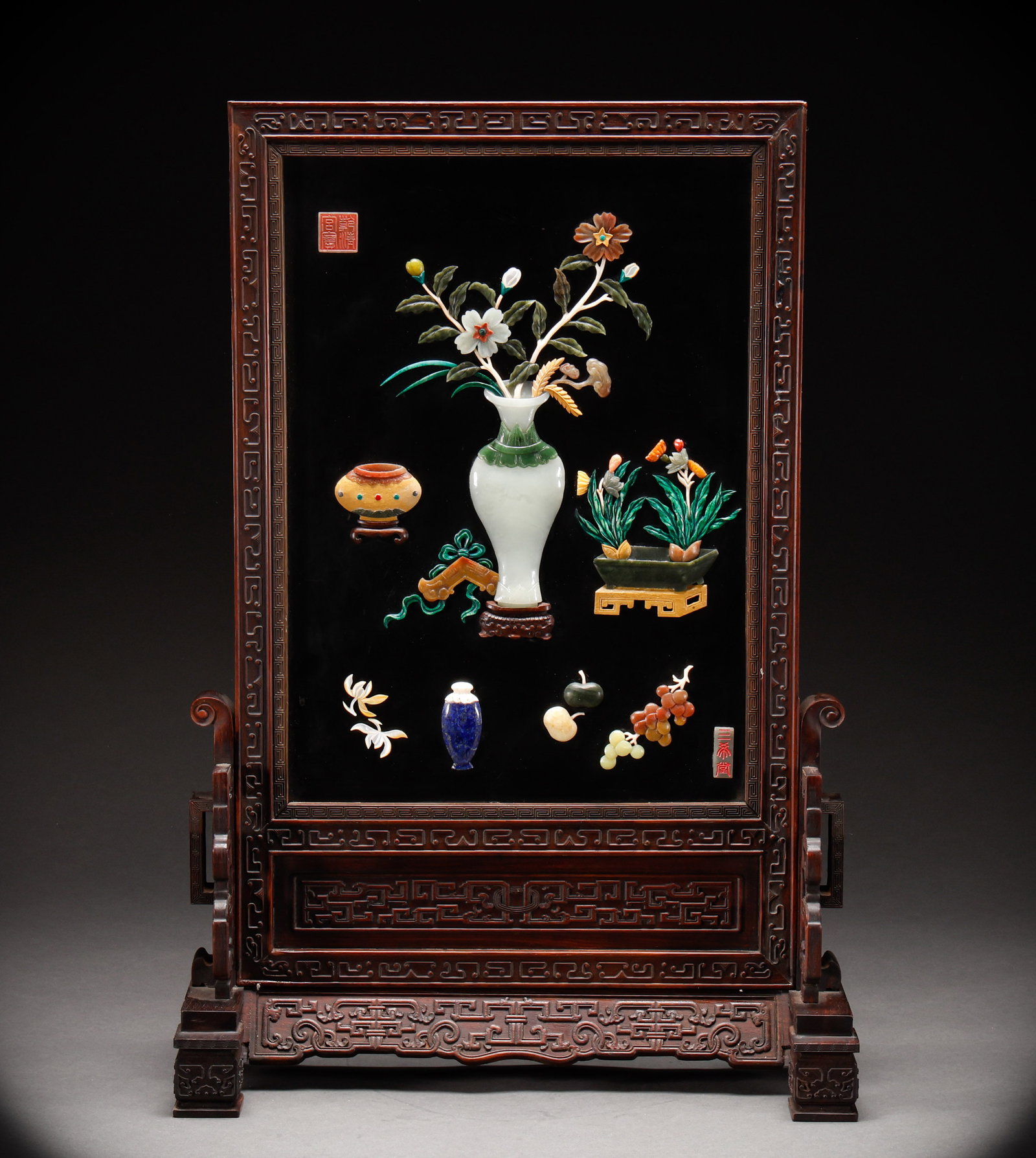Qing Dynasty Purple Sandalwood Embedded with Hundred Treasures Pattern Screen Insertion: Height: 58cm, Width: 40cm, Weight: 3656g