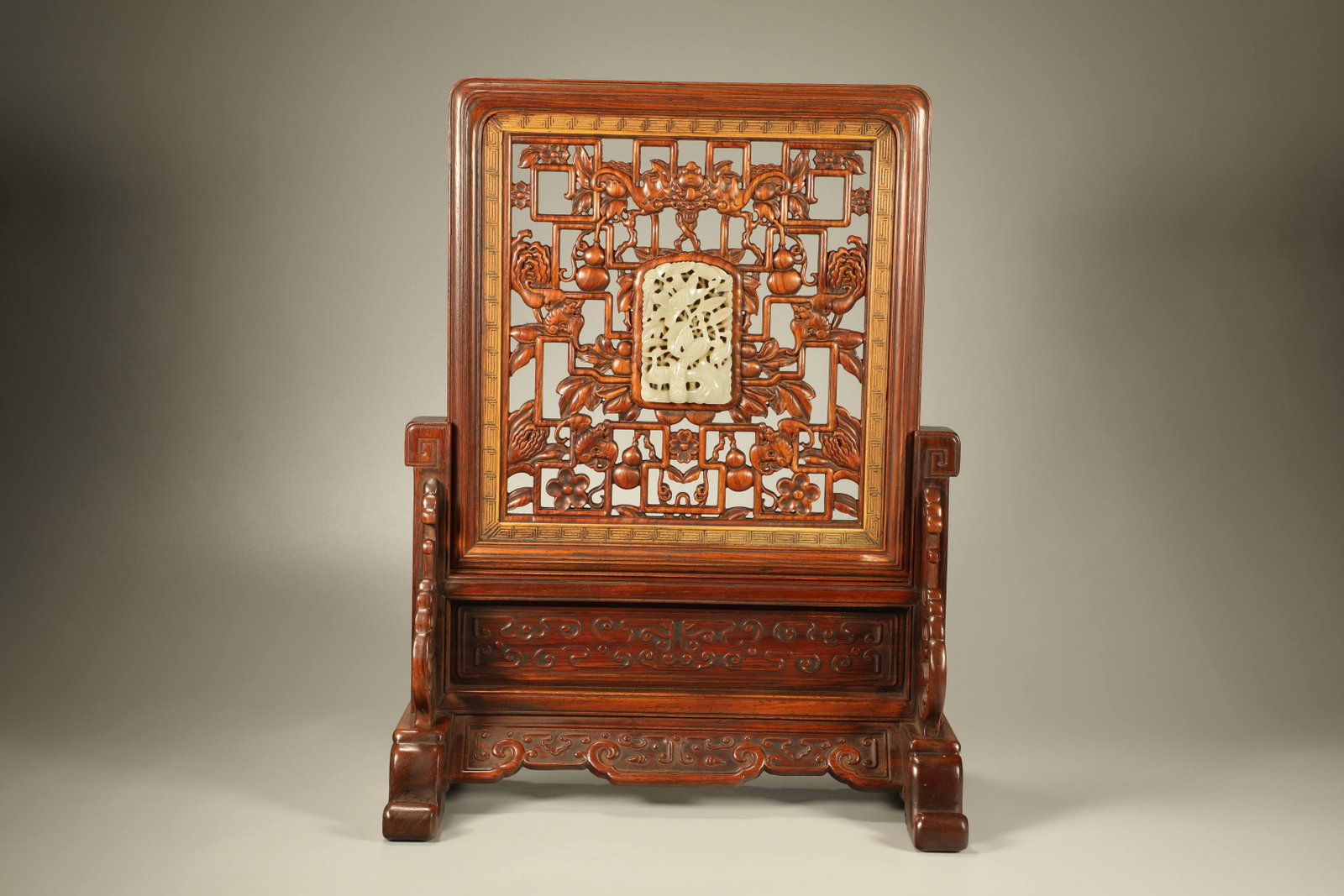 Qing Dynasty Huanghua Pear Carving with Fortune, Fortune, and Longevity Patterns Embedded in Jade: Height: 39.4cm, Width: 30cm,