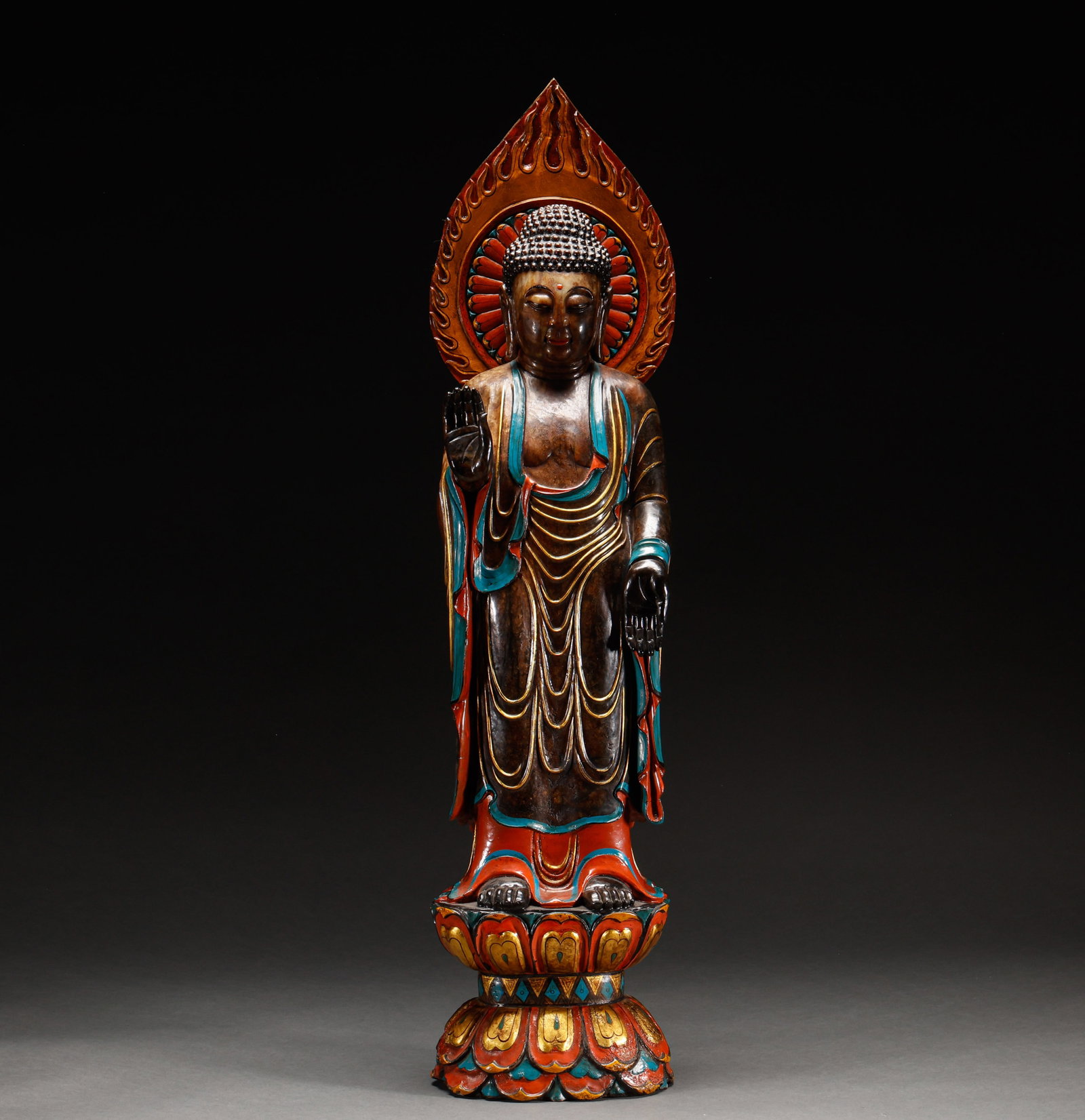 Hotan Jade Painted Buddha Statues in Ming Dynasty or Before: Height: 80cm, Width: 19cm, Weight: 25006g