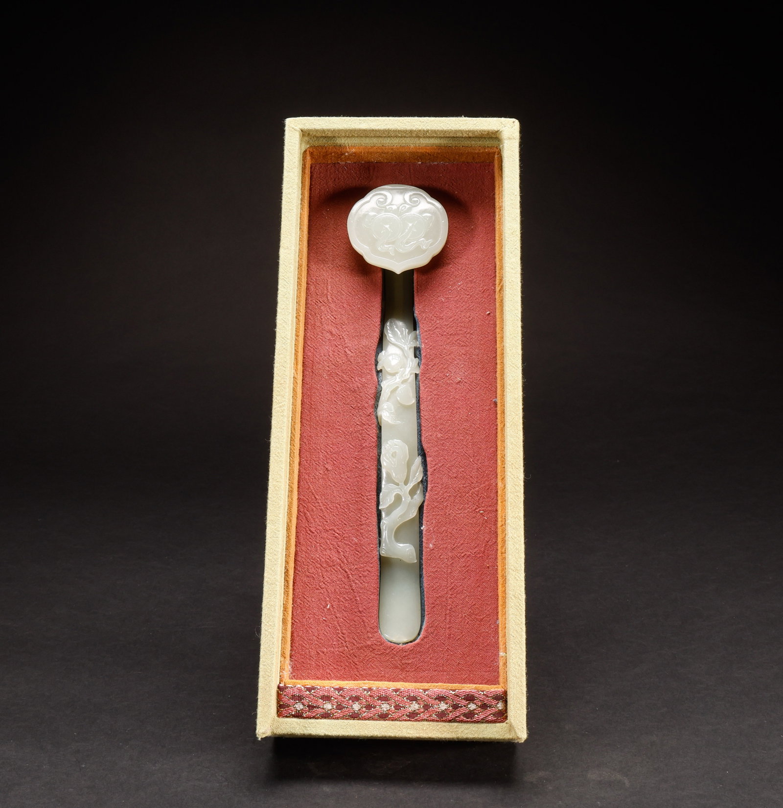 Hotan Jade Ruyi in Qing Dynasty: Length: 22cm, Width: 5cm, Weight: 117g