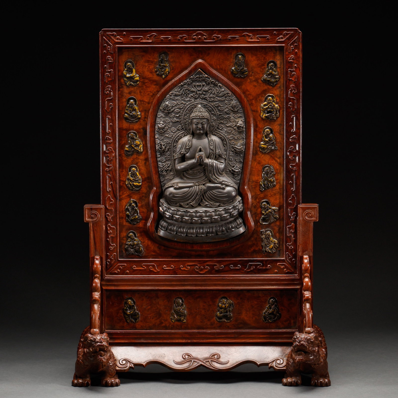 Qing Dynasty Huanghua Pear Shadow Wood Embedded Bronze Buddha Statue: Height: 68.5cm, Width: 50cm, Weight: 7129g