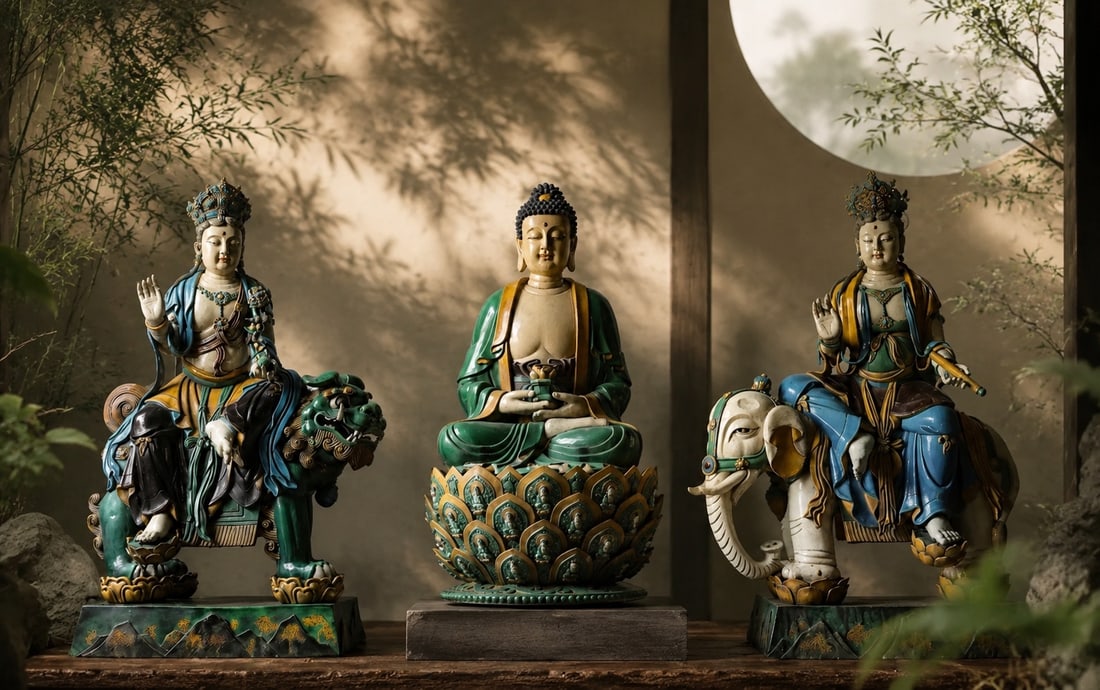 Ming Dynasty glazed statues of the Three Holy Buddhas: Height: 150cm, Height: 139cm,