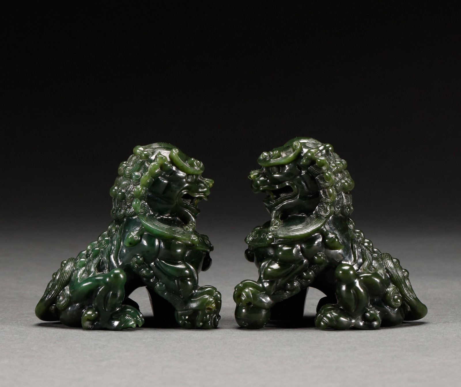 Qing Dynasty Hetian Biyu Lion Pair: Height: 7.5cm, Width: 7.2cm, Weight: 483g
