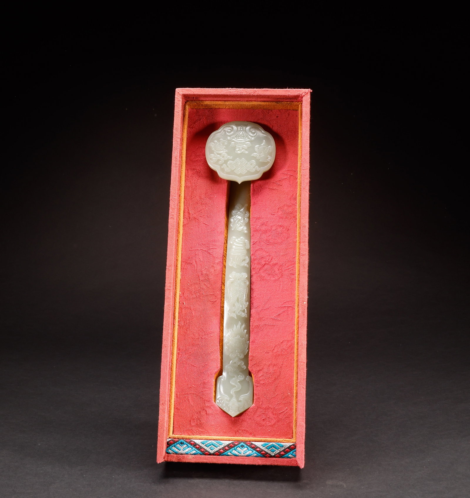 Hotan Jade Ruyi in Qing Dynasty: Length: 22cm, Width: 5cm, Weight: 117g