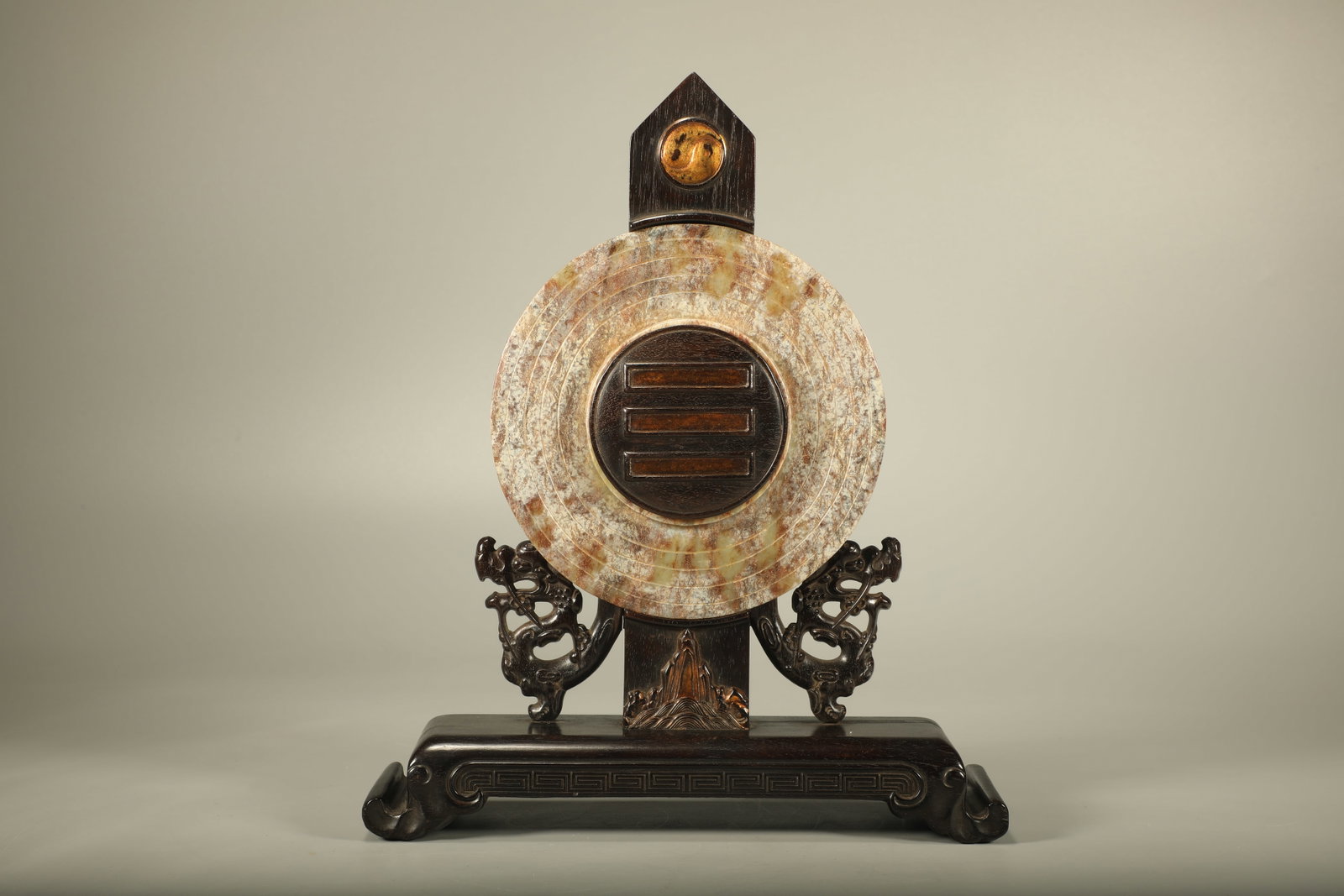Qing Dynasty Purple Sandalwood Embedded Jade Bi Ornament: Height: 26cm, Width: 22cm,
