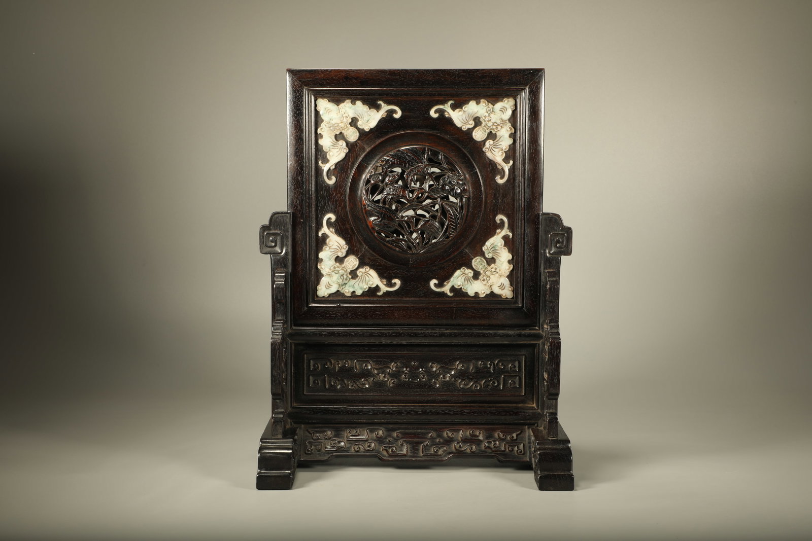 Qing Dynasty Purple Sandalwood Carving with Lianke Embedding Jade and Blessing Pattern Screen: Height: 33.5cm, Width: 24.5cm,